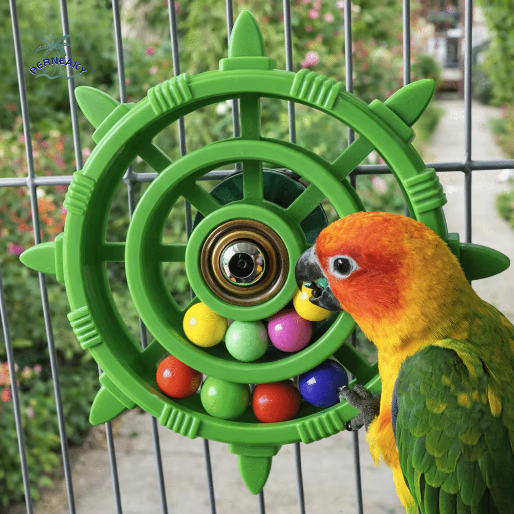 Rudder Shaped Parrot Spinner Rattle Toy Bite Resistant Colorful Beads Interactive Spinning Wheel Plastic Bird Cage Toy — image 1