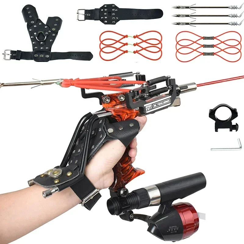 Resortera Metálica con Láser de 4 Colores para Pesca con Arpón, Resortera para Caza y Tiro con Dardos al Aire Libre, Paquete con Bandas de Goma, Carrete y Guantes
