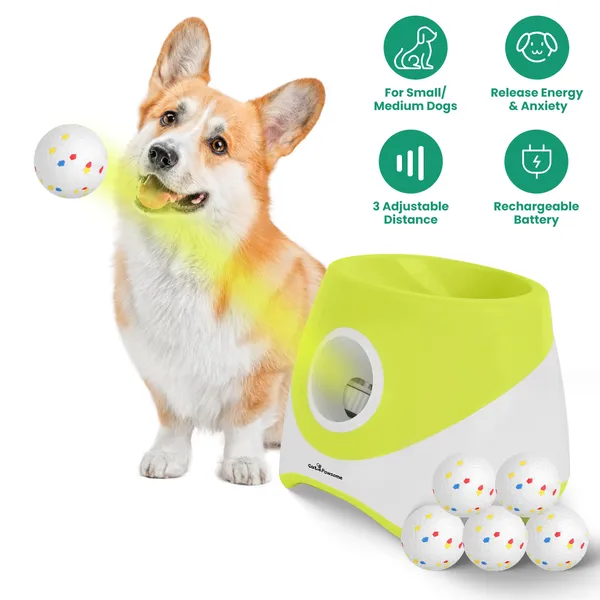 Lanzador Automático de Pelotas para Perros Recargable Juguetes Interactivos para Cachorros Pequeños y Medianos con 3 Configuraciones de Distancia Ajustables (6m/10m/14m) 6 Piezas Pelotas de 5.8cm — imagen 1