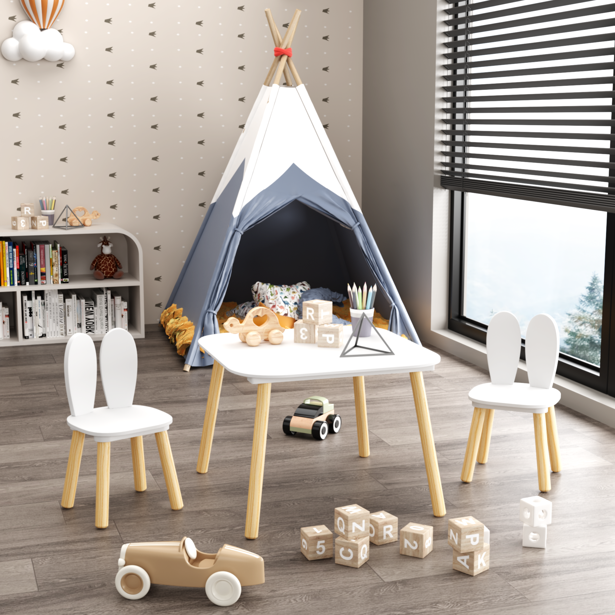 Conjunto de Mesa y 2 Sillas para Niños, 3 Piezas - Mesa Temática Conejo para Bebés con Sillas de Orejas de Conejo, Mueble de Actividad para Pequeños en Madera Toda, Pintura Blanca — imagen 5
