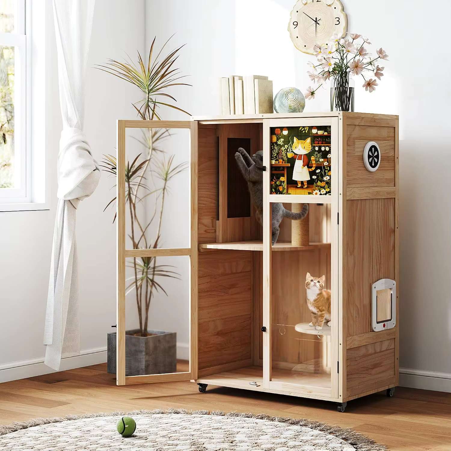 Large Wooden Cat House on Wheels, Indoor Cat Villa with Condo, Multi Platforms, Scratchers, Vent, Litter Box Area, Custom — image 2