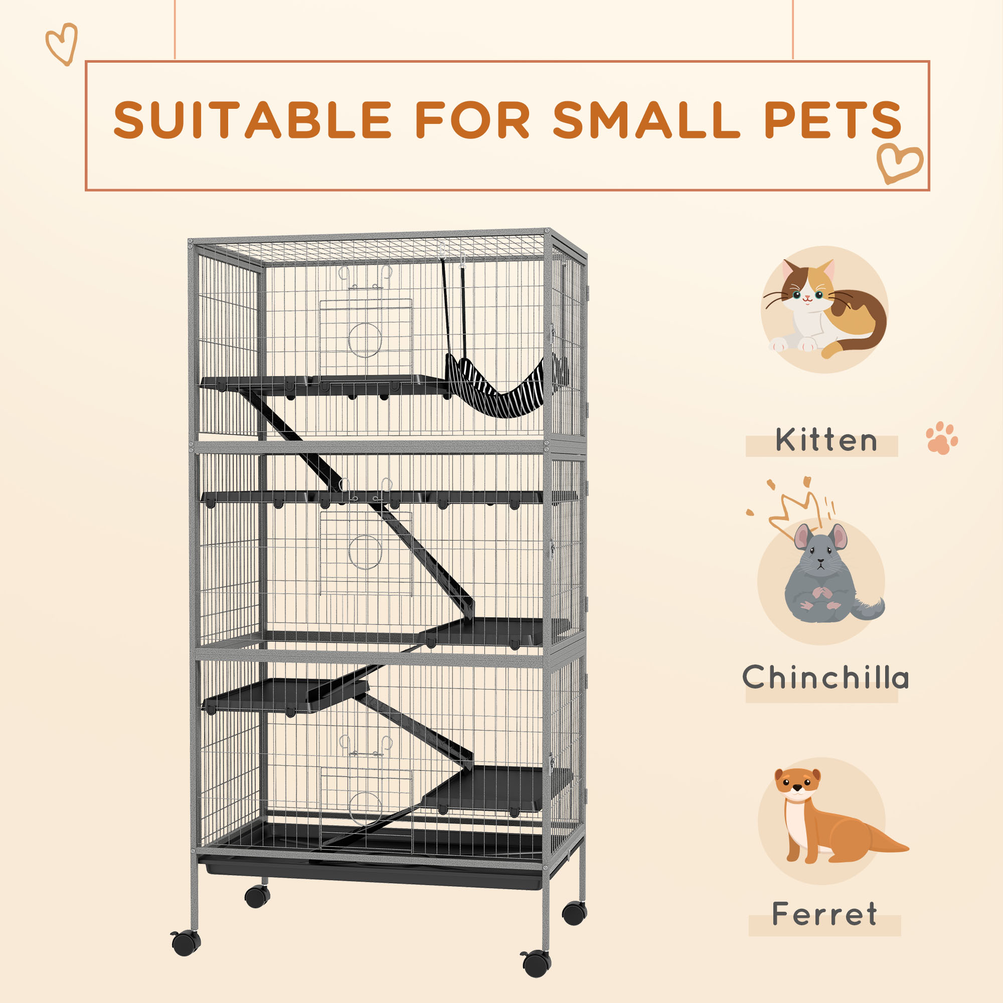 Jaula de Animales Pequeños con Ruedas, 63" con Hammock, Jaula para Hurones, Jaula para Chinchillas, Hábitat para Mascotas con 6 Puertas, Plataforma Removible — imagen 6