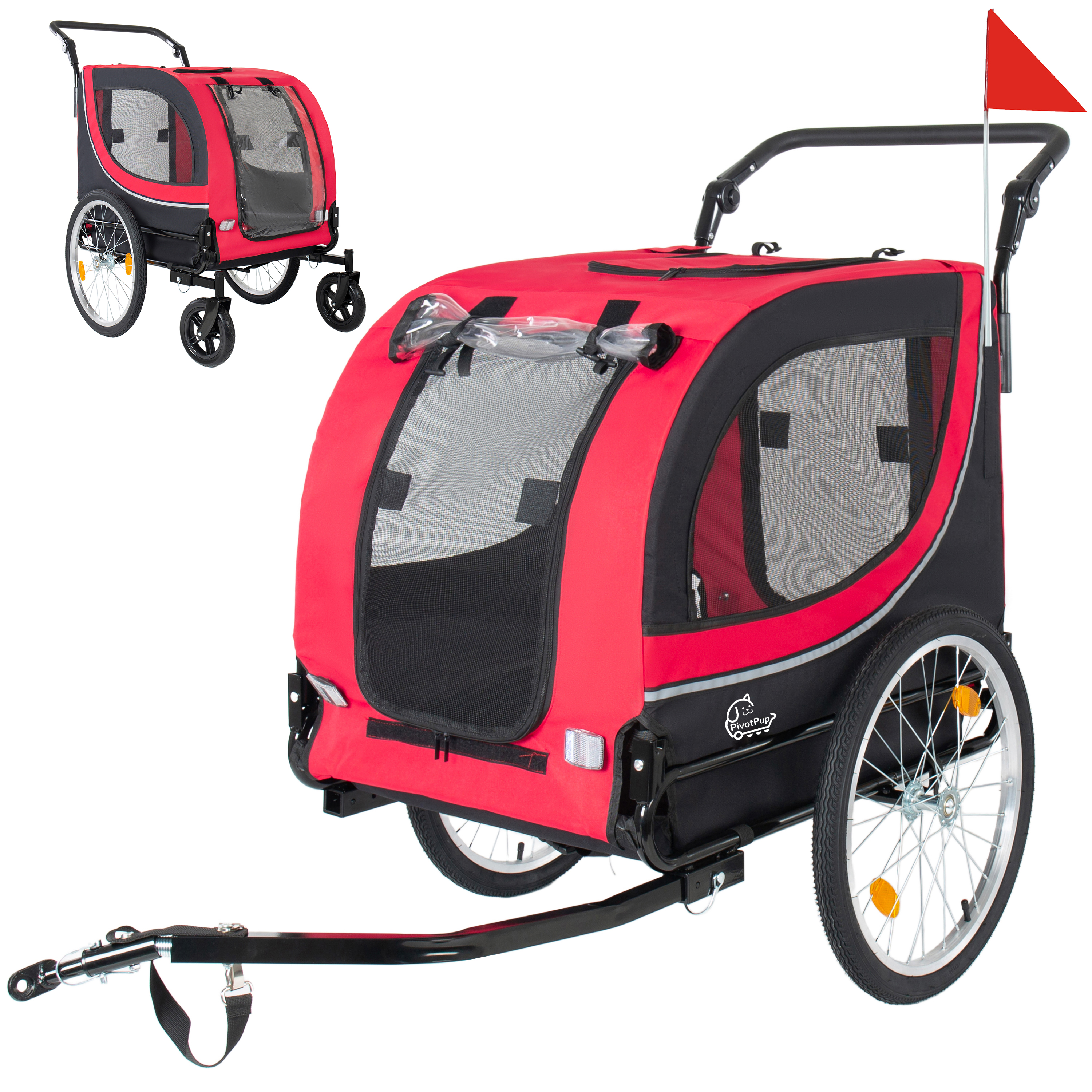 2-in-1 Bike Trailer & Pet Stroller For Dogs Up To 100lbs Foldable Pet Carrier Cart With Two 8 Front Caster & 20 Quick Release Air-Filled Wheels, Breathable Mesh And PVC Rain Cover, Red — imagen 1