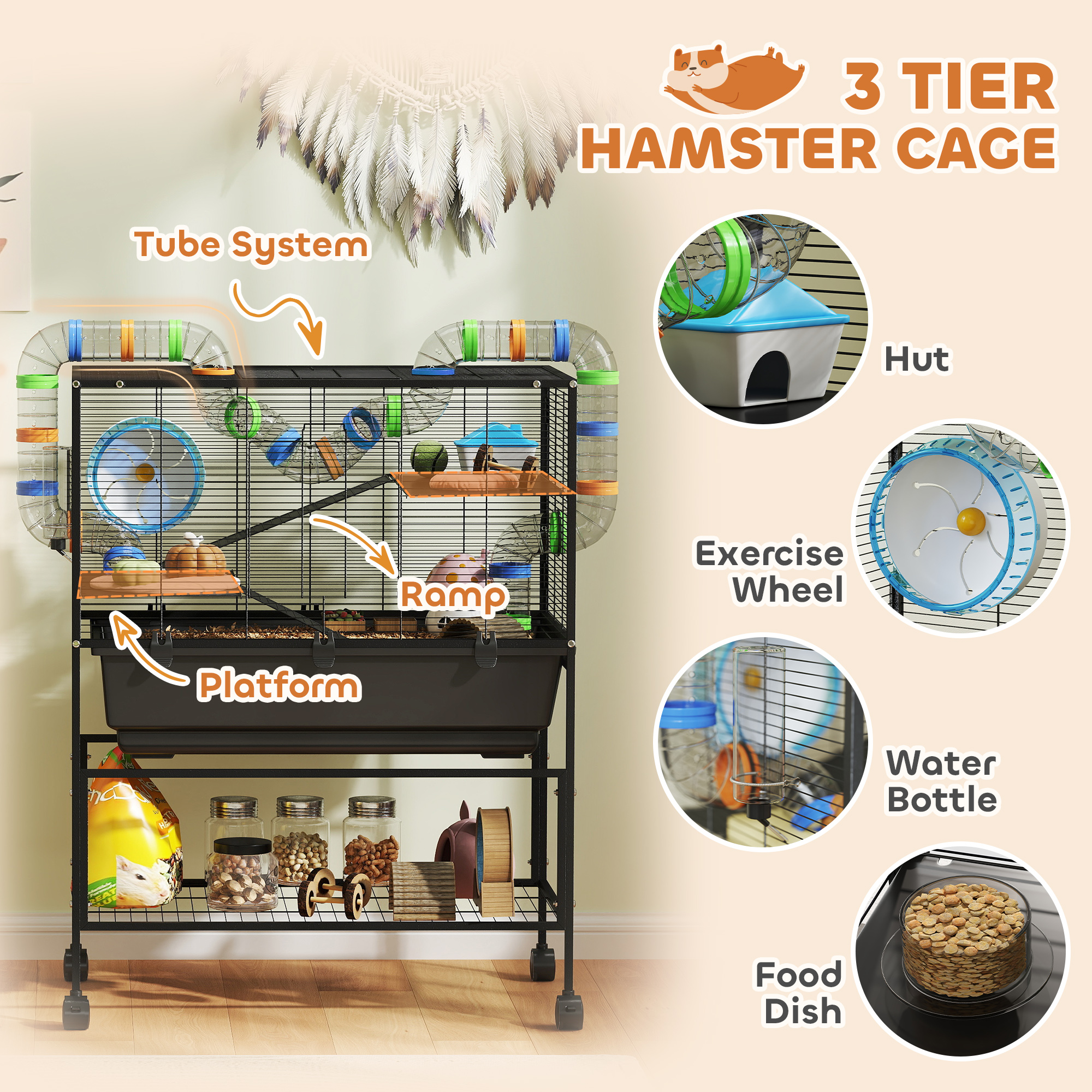 Jaula para Hámster de 3 Niveles con Ruedas, Jaula para Ratas con Bandeja Profunda, Estante de Almacenamiento, Rueda de Ejercicio Grande, Casita y Sistema de Tubos — imagen 4