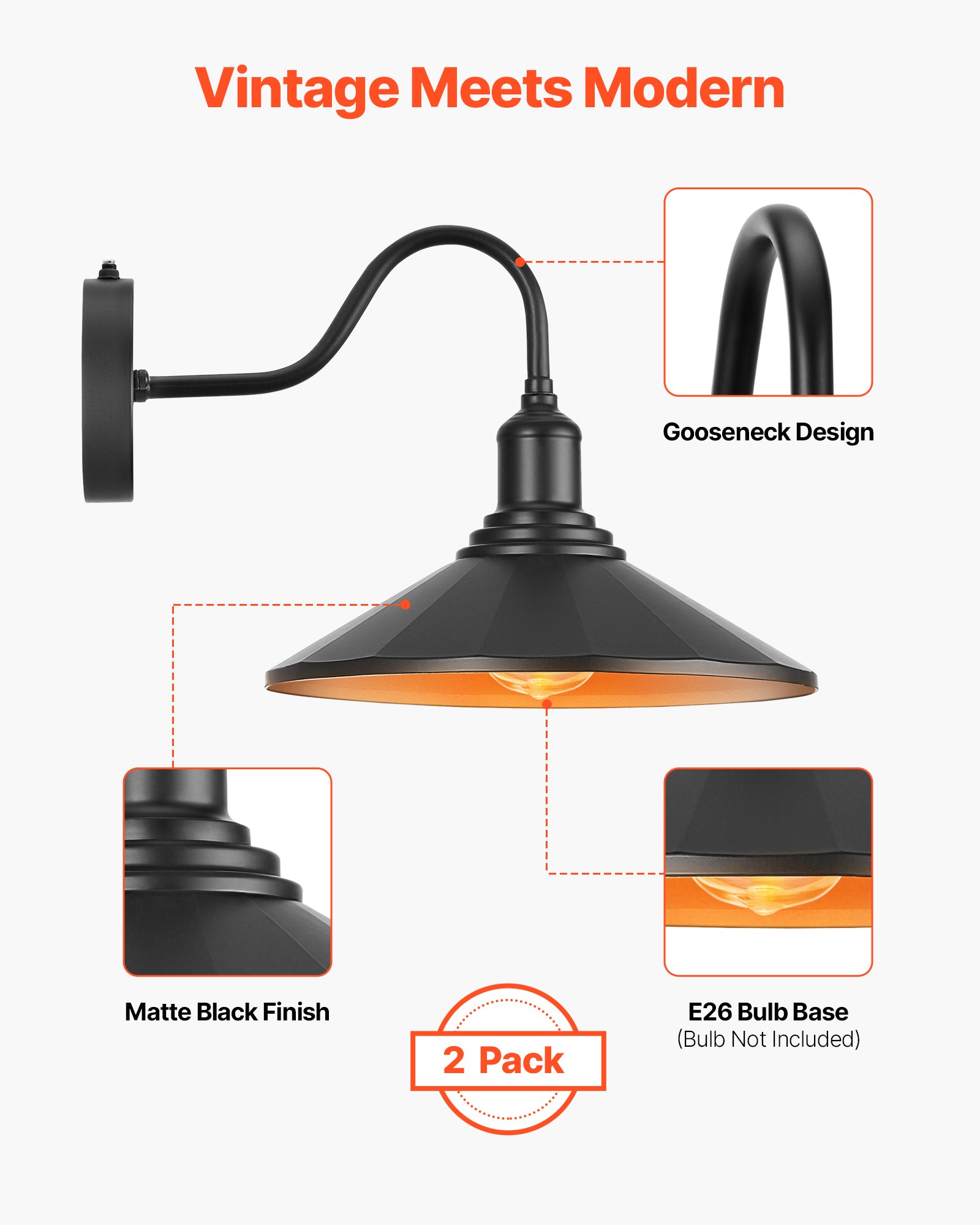 Lámpara de Granja Exterior, 2 Piezas, Día y Noche con Sensor de Luz para Fachada, Garaje o Entrada, Compatible E26, Resistente a la Corrosión, Negro — imagen 3