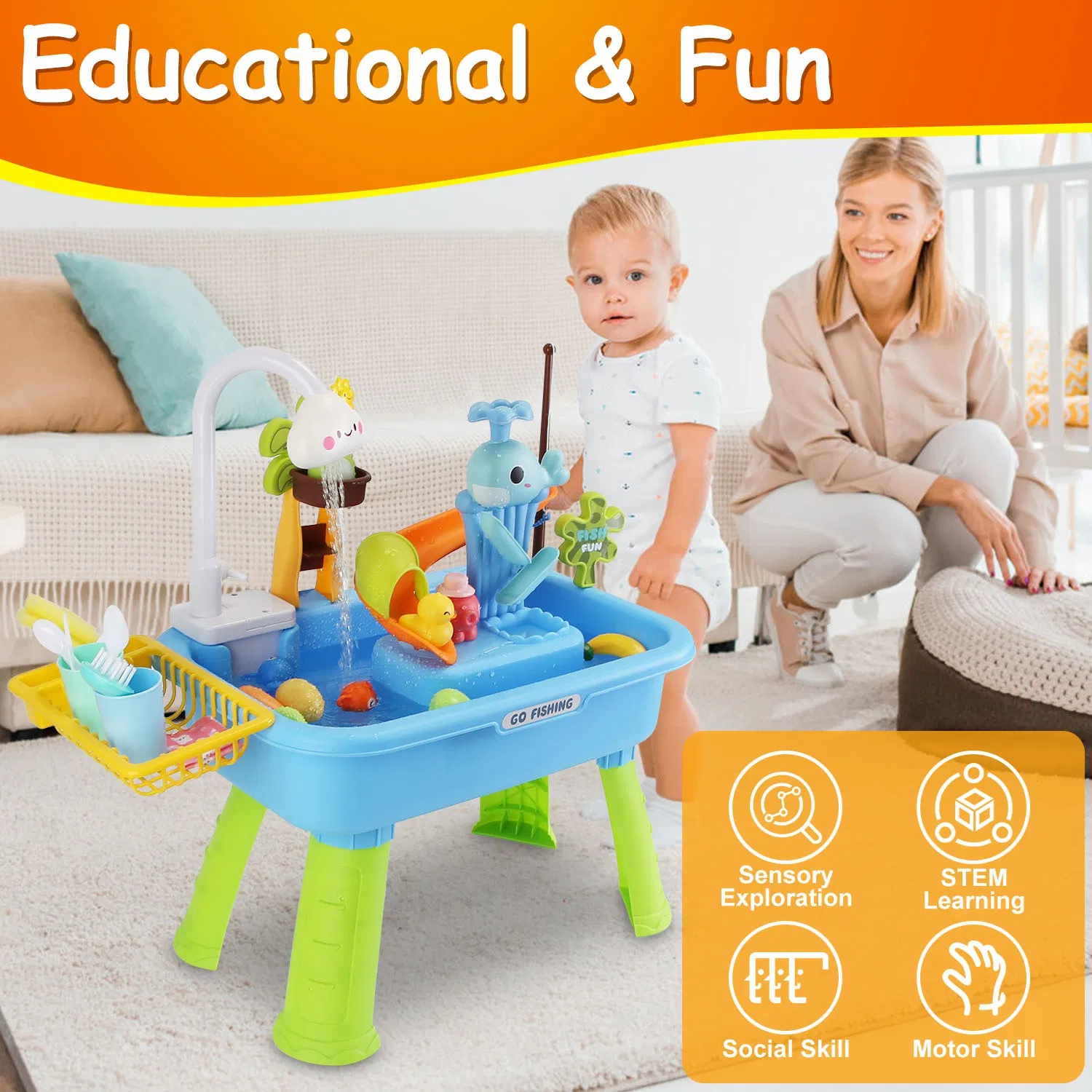 Juguete de Fregadero de Cocina 3 en 1 con Grifo Eléctrico, Mesa de Agua y Juego de Pesca, Set de Juego de Rol para Interior y Exterior, para Niños GPCT5464 — imagen 15