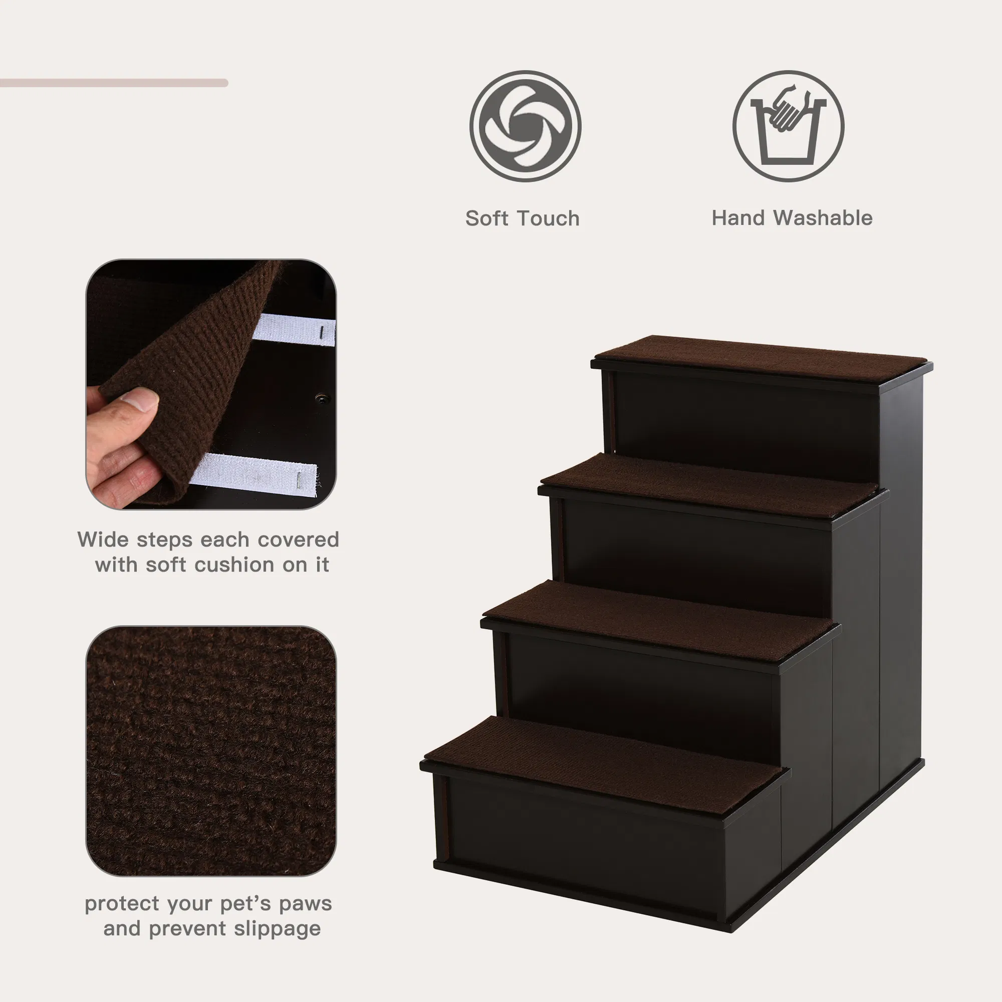 4 Levels Wooden Dog Steps Pet Stairs for High Bed, Cat Ladder for Bed Couch with Non-Slip Carpet, Dark Coffee — image 2
