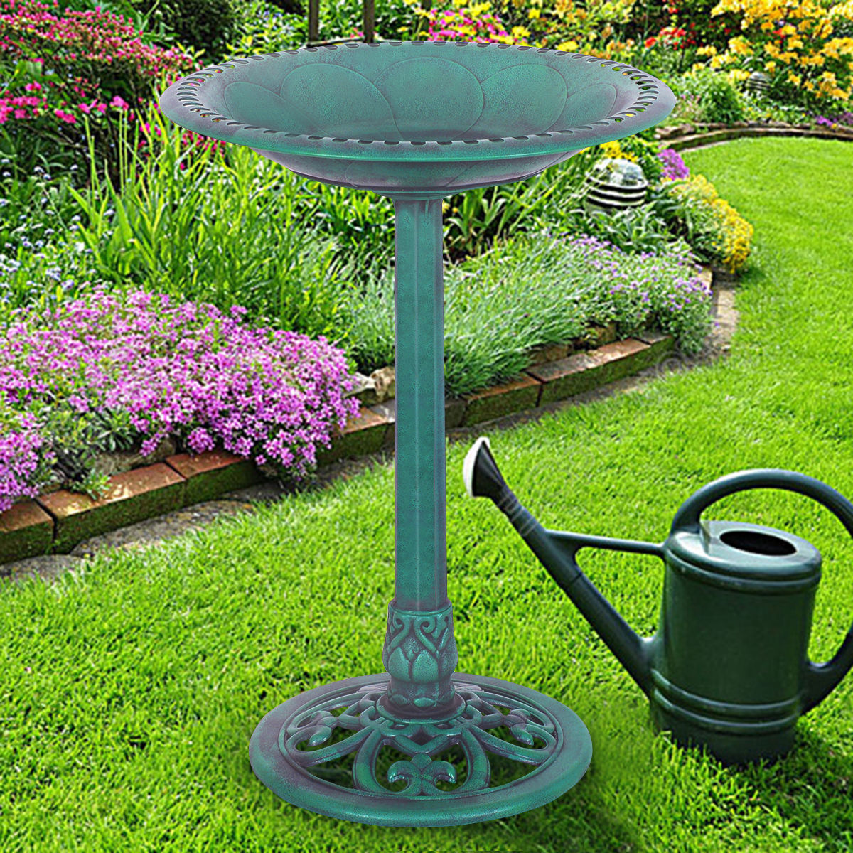 Outdoor Garden Green Pedestal Bird Bath Feeder — imagen 1