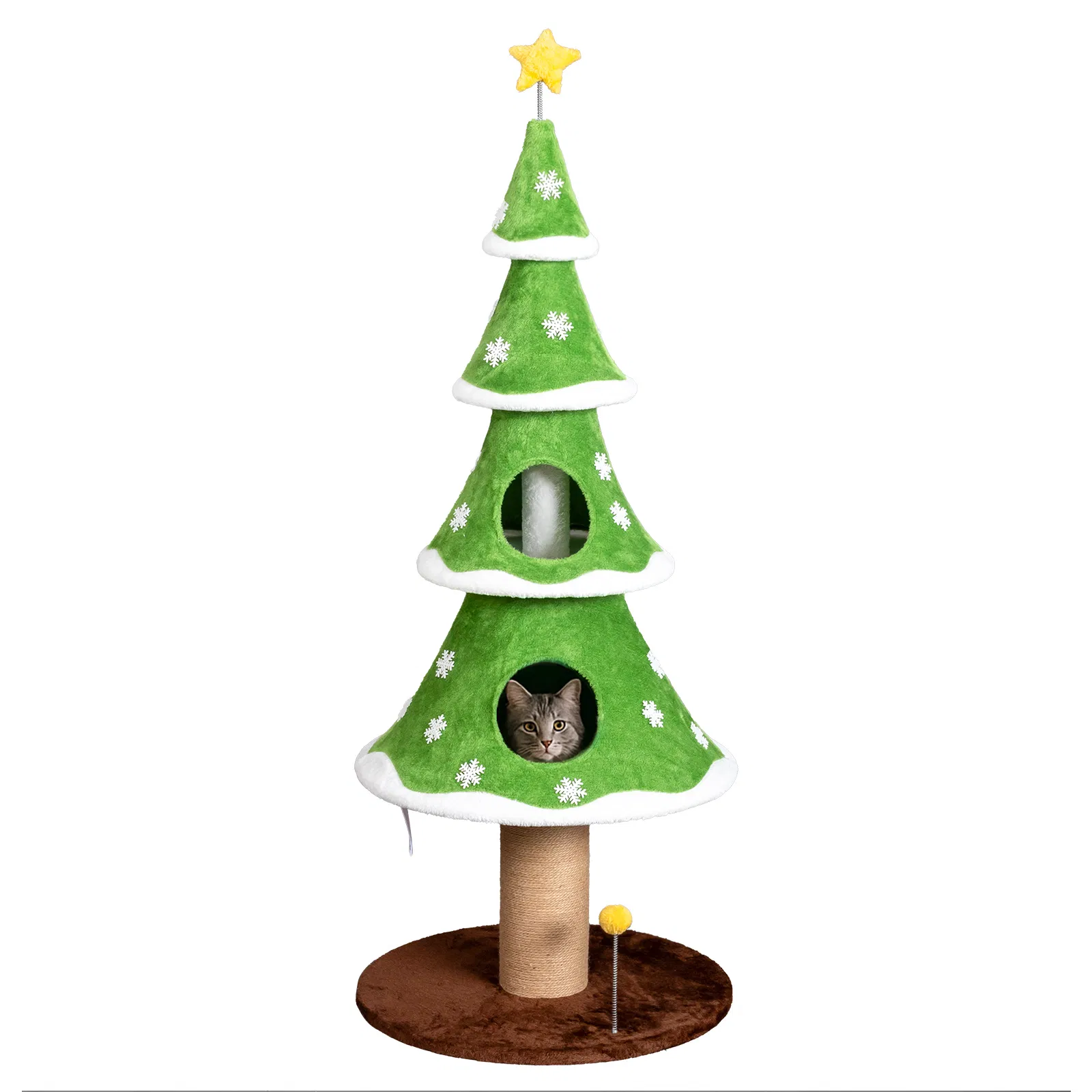 Large Tall Christmas Tree Cat Tower with 2 Cat Condos & Scratching Post, Soft Fleece Cat Tree with Teaser Toy & Sturdy Base & Built-in Openings for Indoor Cats, Green & White — image 6