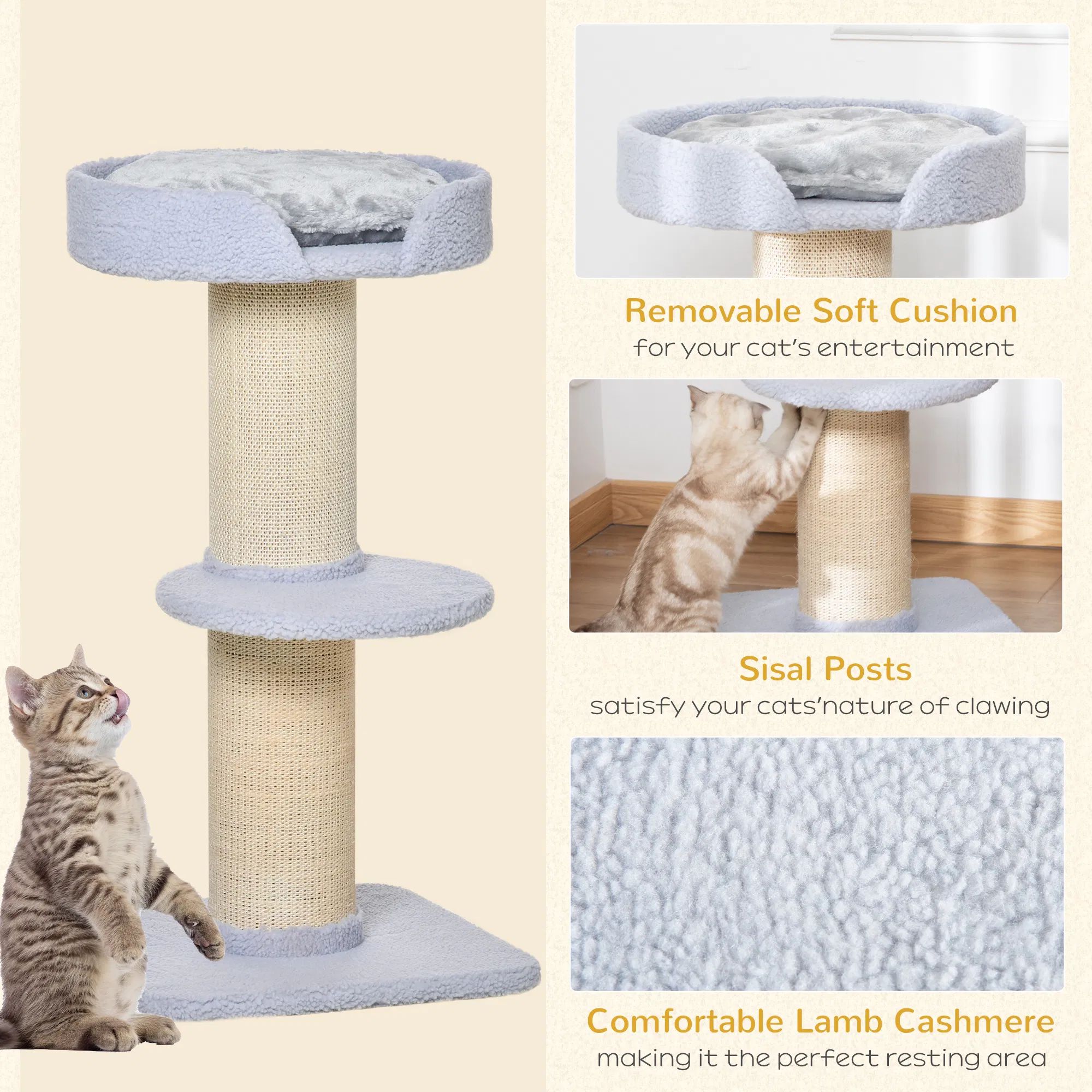 Cat Tree Kitty Tower with Sisal Mat Scratching Post, Cat Bed, Cushion, Perch, 18" x 18" x 36", Light Blue — image 3
