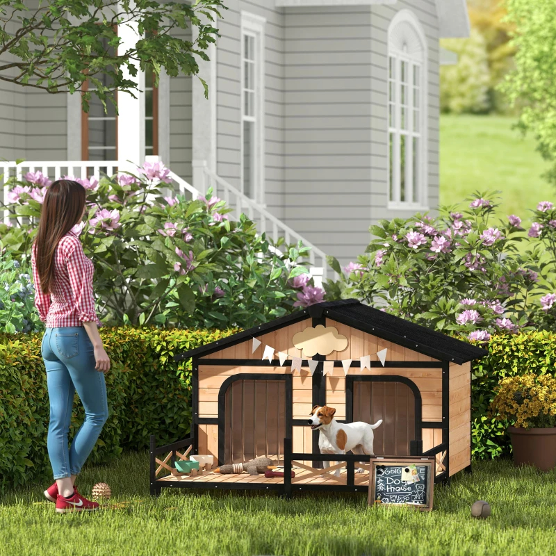 Casa para Perros Exterior, Caja de Madera Resistente al Tiempo con Porche, Techos Abatibles y Varios Paquetes Enviados. Por Favor Preste Atención a las Dimensiones y Peso en los Detalles — imagen 10