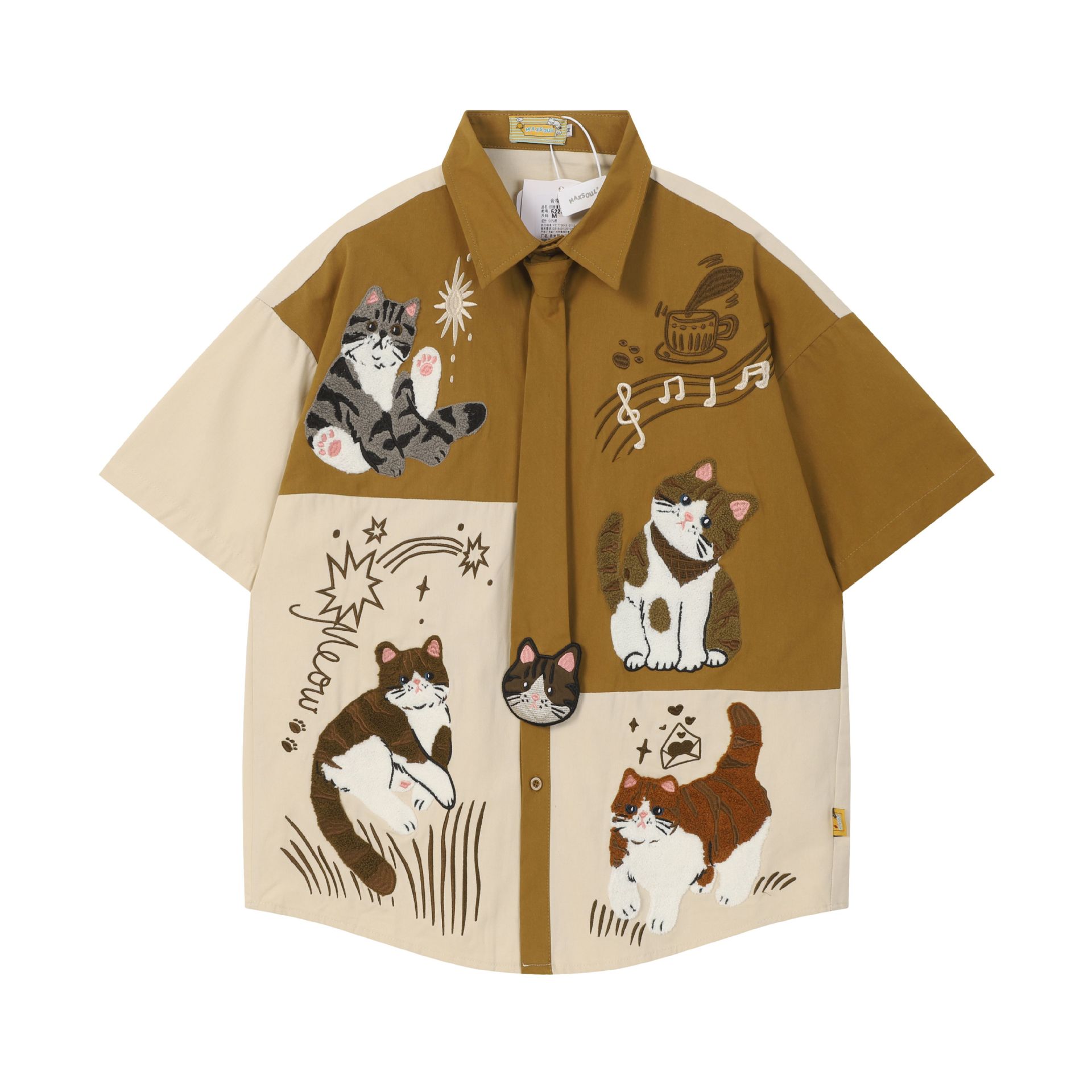 Cat embroidery contrasting color block short sleeved shirt — image 7