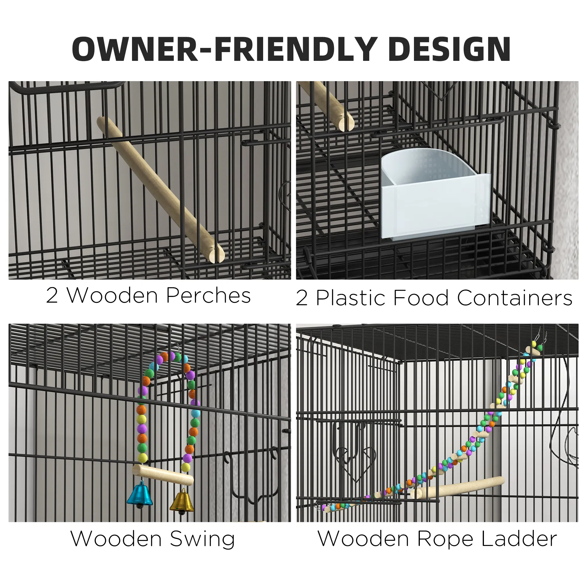 65" Birdcage for Canaries, Lovebirds Finches, Budgie Cage with Wheels, Black — image 4