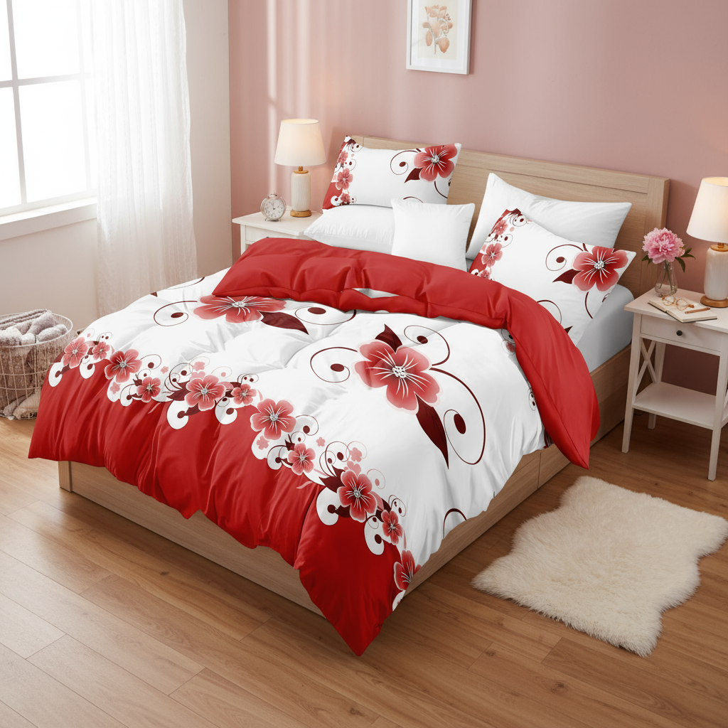 Set de Funda Nórdica de 5 Piezas, Ropa de Cama Floral Roja y Blanca, Funda para Edredón Botánica, Ropa de Cama Reversible de Alto GSM, Fundas de Almohada a Juego, Fundas de Cojín, Cierre de Cremallera Oculto, 4 Amarres en las Esquinas, Resistente a Mascot — imagen 6