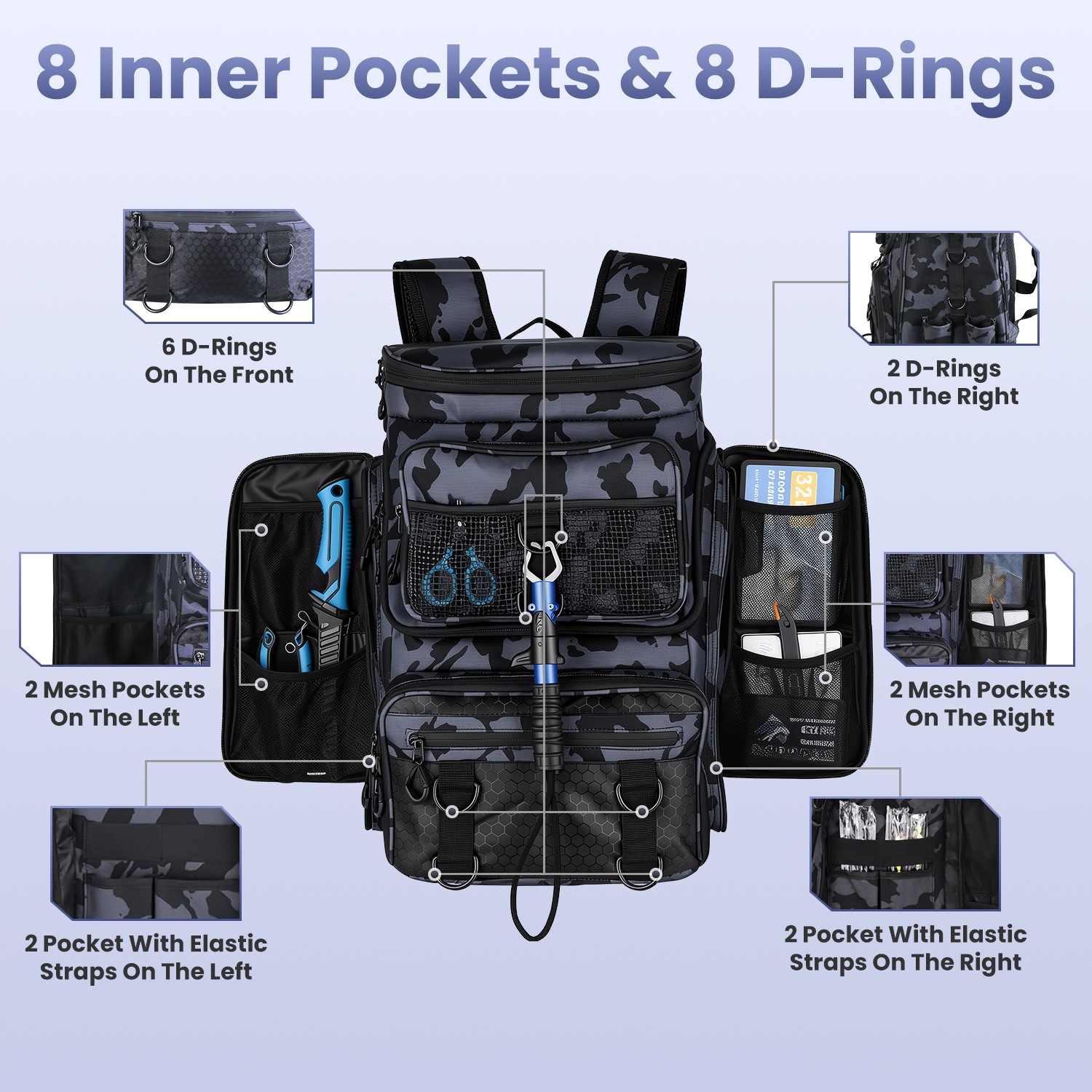 Mochila de Pesca de 42L (11Gal), Bolsa de Almacenamiento de Gran Capacidad para Equipo de Pesca, con Portacañas, 16 Bolsillos, Resistente al Agua, con Divisor, Correas Acolchadas Ajustables Para Pesca, Camping al Aire Libre y Senderismo — imagen 8