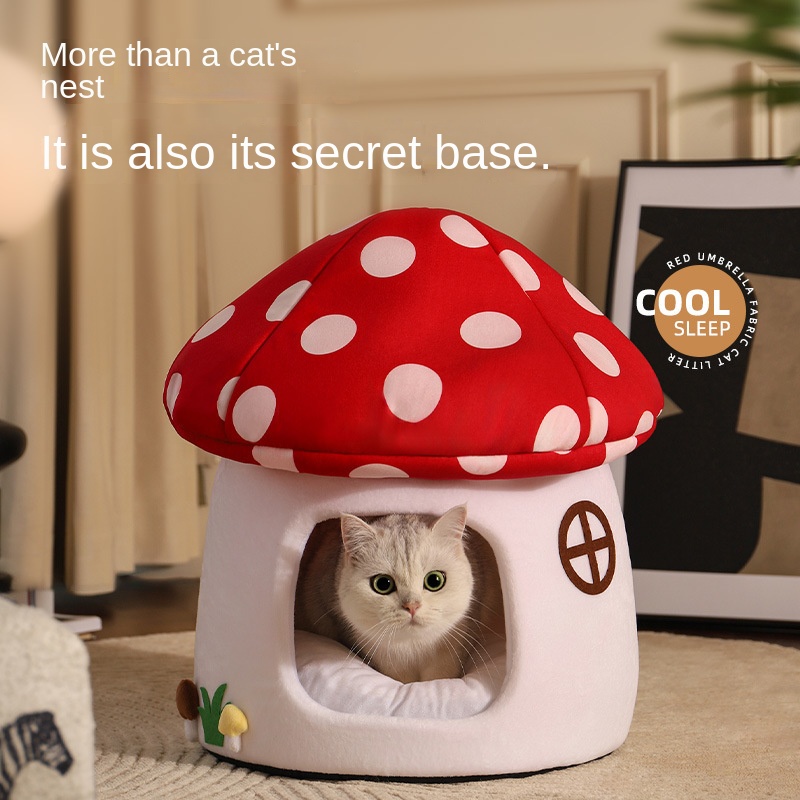 Red Umbrella Mushroom Cat House Dog Bed Winter Warm Closed-Style Cat House Pet Nest All-Season Universal for Cats and Dogs — image 3