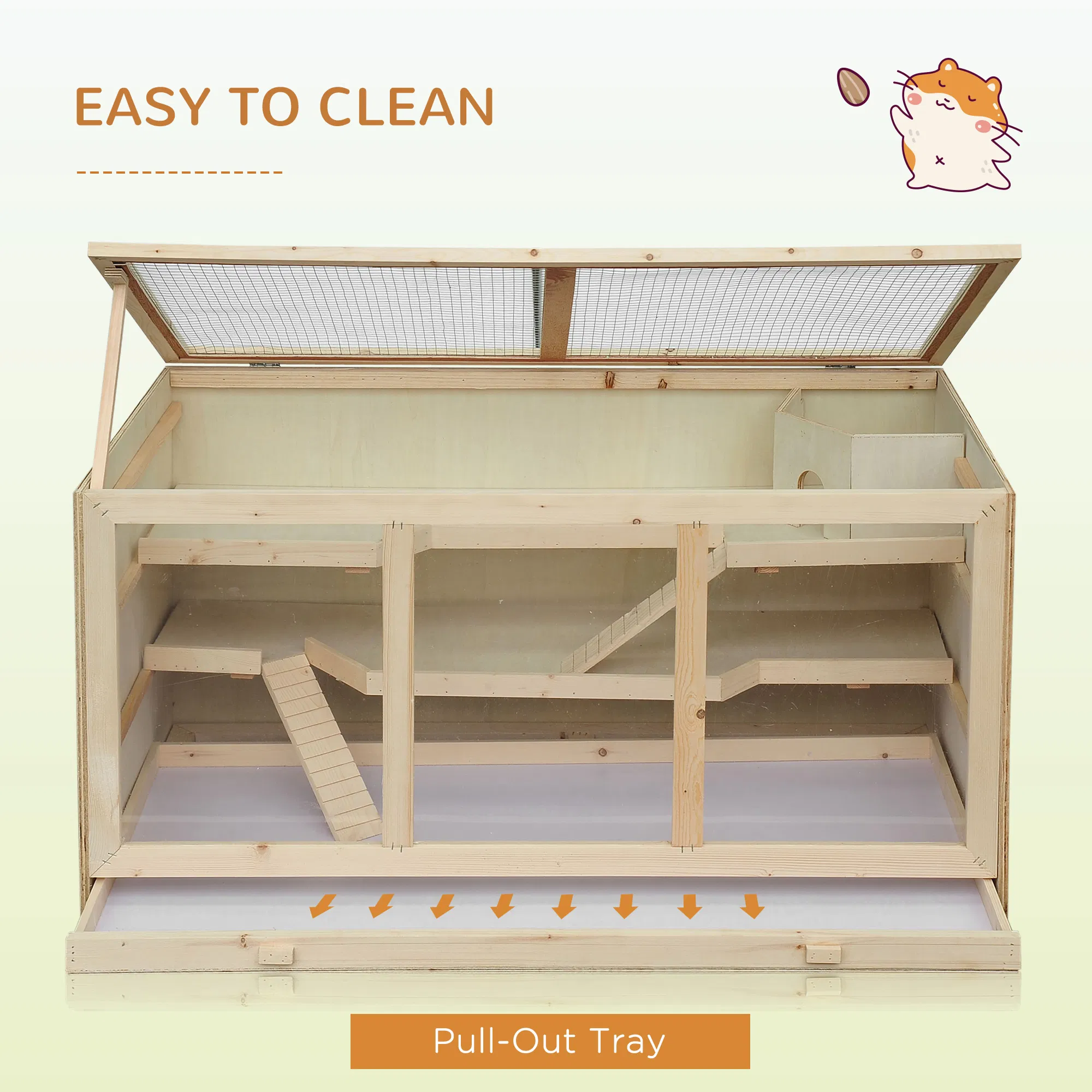Wooden Hamster Cage Rat Cage with Slide, Tray, Natural Wood — image 6
