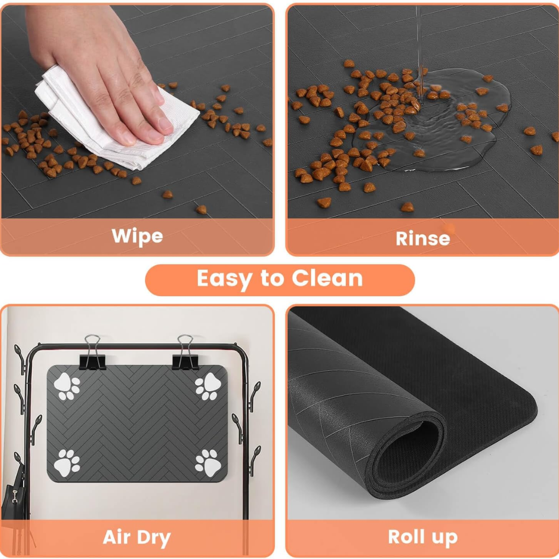 Absorbent Pet Feeding Mat 20x12 Inch, Waterproof Rubber Backing, Dark Gray Striped — image 4