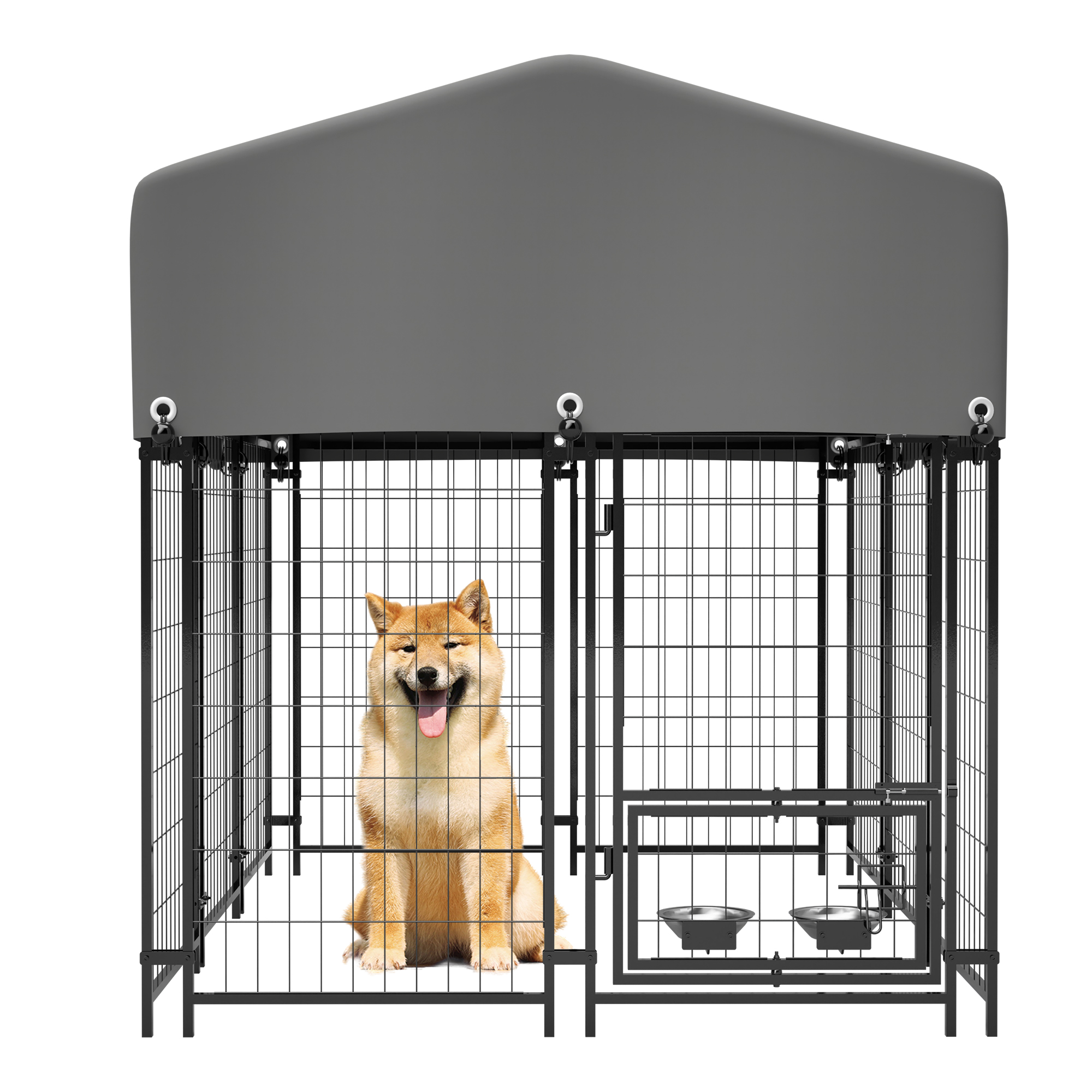 Casa para Perros Exterior con Techo, 4.23'x5.82'x4.83' Encierro de Alambre Soldado, Caja para Perros Resistentes con Cubierta Resistente a UV y Agua, Doble Bloqueo &amp; Comedor Rotativo — imagen 1