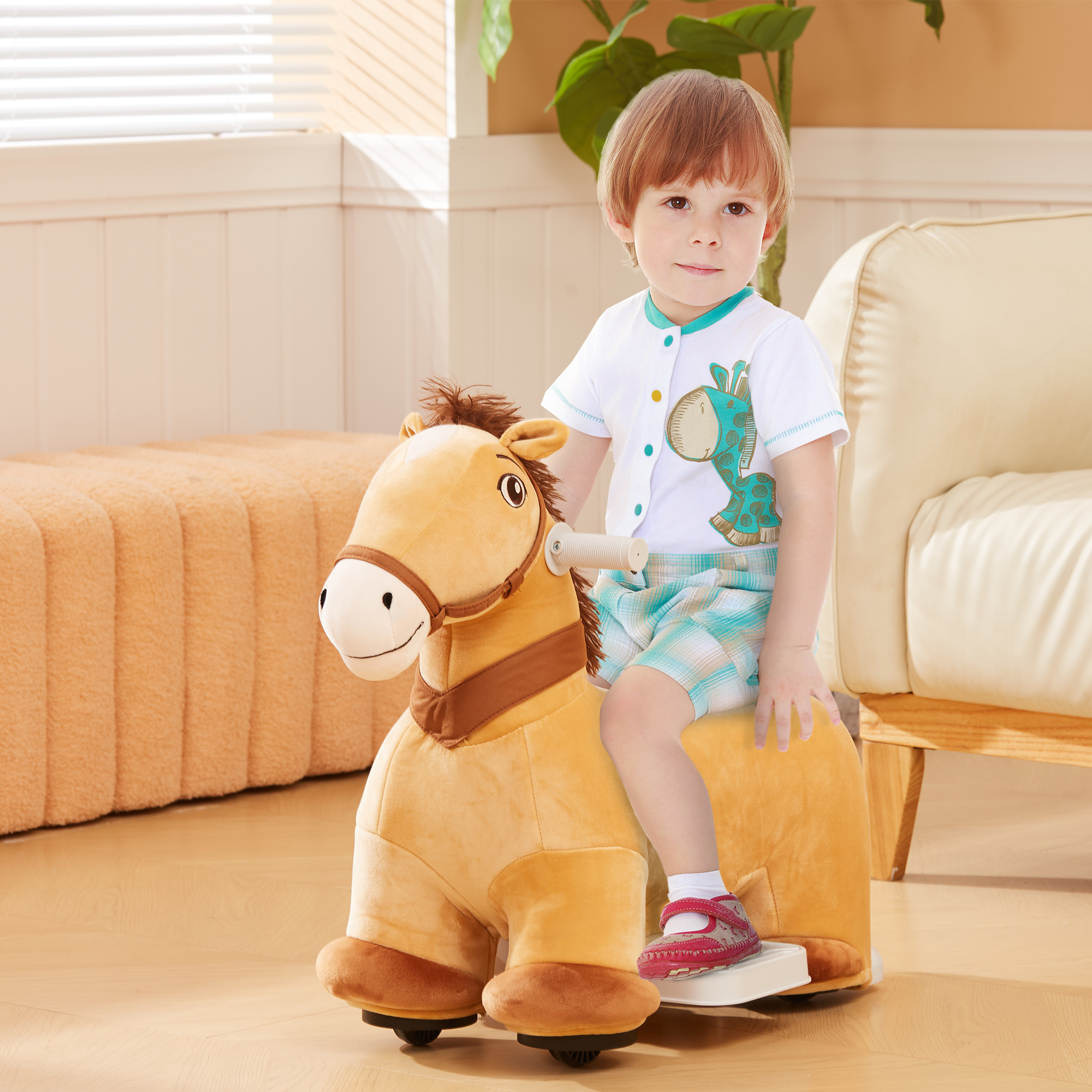 Caballo eléctrico de batería, montura para niños con música y ruedas PU, para edades 18-36 meses, marrón — imagen 1