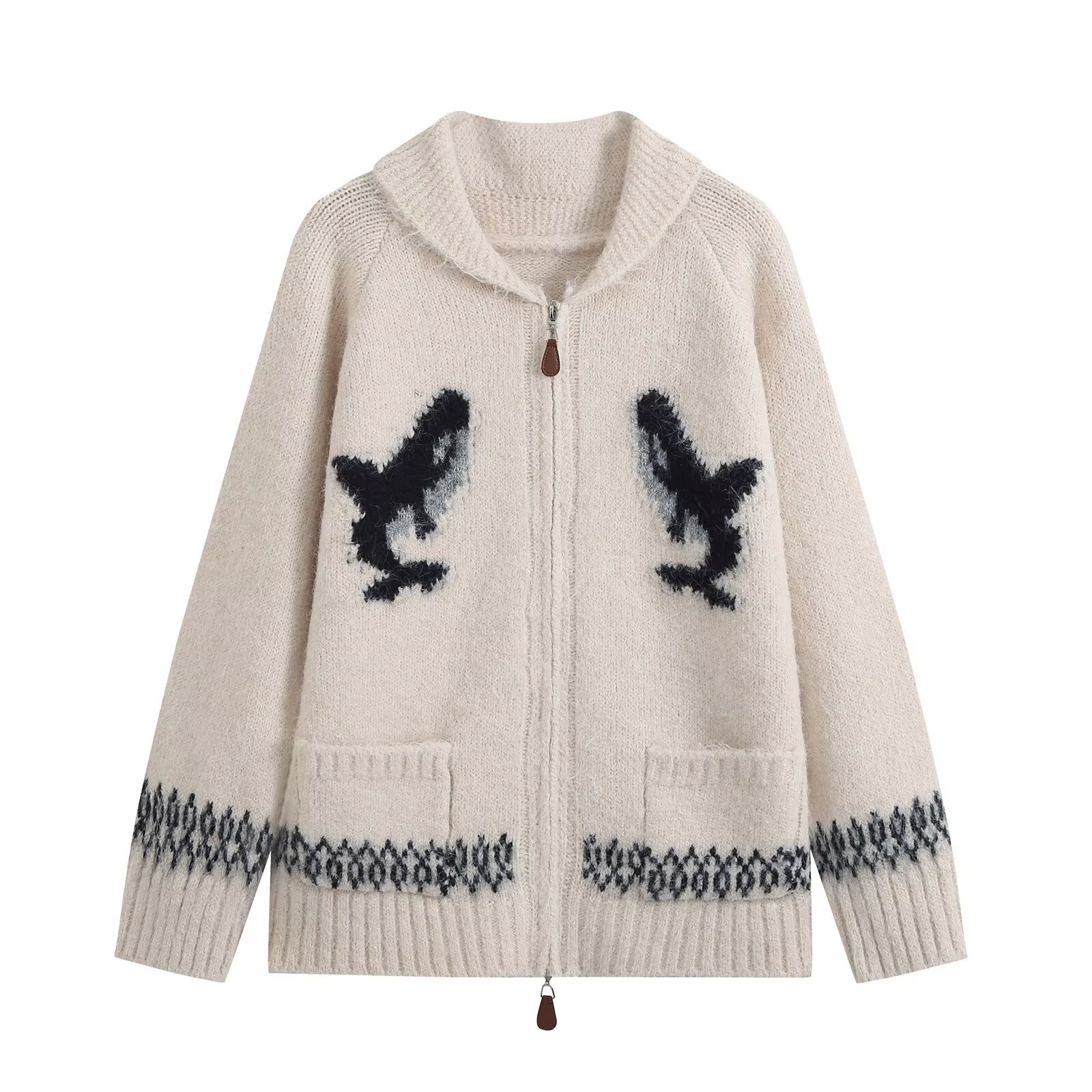 Double zipper shark jacquard embroidered knitted sweater jacket for women — image 5