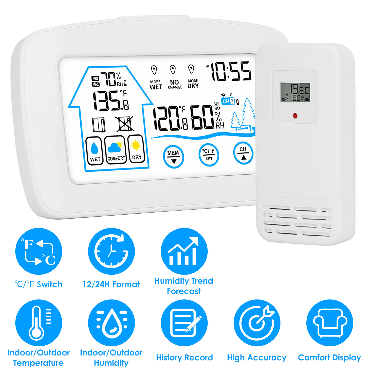 Wireless Weather Station With Clock 196FT Range Indoor Outdoor Thermometer Sensor Temperature And Humidity Monitor Humidity Forecast Battery Powered Backlight Display — image 1