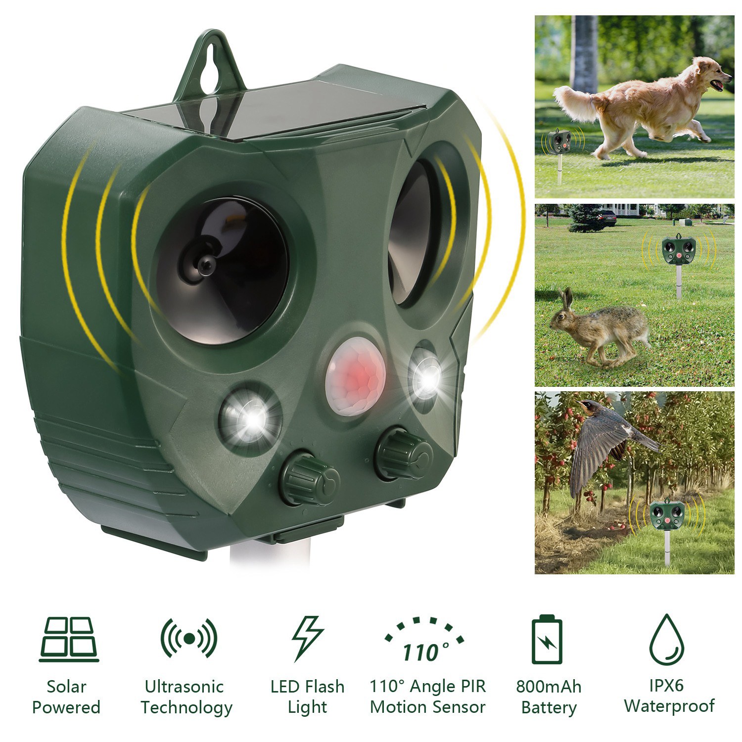 Repelente Ultrasonico para Animales con Sensor de Movimiento y Luces LED Intermitentes Solar - Impermeable IPX6 para Jardín, Granja o Patio Exterior — imagen 1