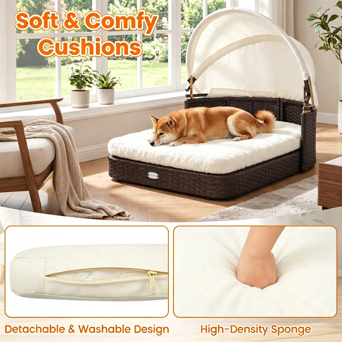 Hand-Woven PE Rattan Dog Bed with Adjustable Canopy, Elevated Outdoor Pet Daybed with Washable Plush Cushion, Anti-Slip Breathable Pet Shelter for Indoor Patio Garden-White — image 11