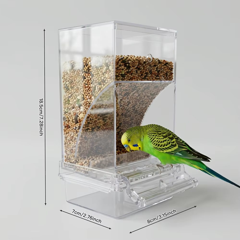 No Mess Automatic Bird Feeder Clear Acrylic Seed Dispenser Spill-Proof Parrot Feeder Cage Accessories for Budgies Parakeet Cockatiel Finch — image 2