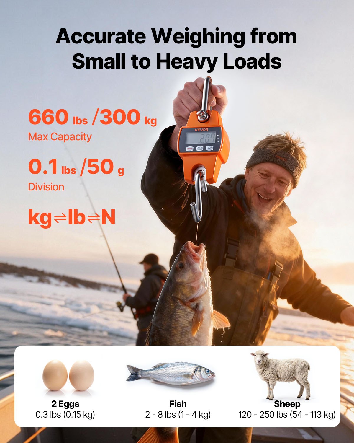 Escala de Grúa Digital, 660 Lbs/300 Kg Capacidad Máxima, Escala Colgante Portátil con Caso de Aluminio y Pantalla LCD, División 0.1 Lbs &amp; Interruptor de 3 Unidades, Diseño Portátil para Agricultura Caza Pesca, Naranja — imagen 3