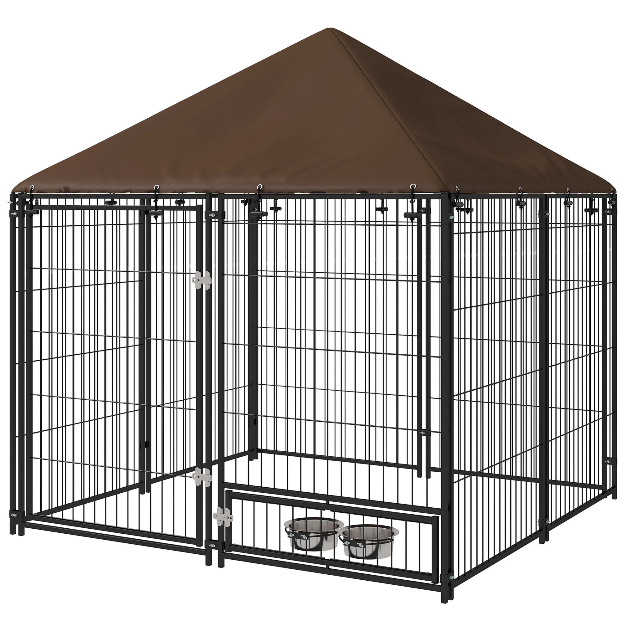 4.6' x 4.6' x 5' Outdoor Dog Kennel with Canopy, Rotating Bowls, Coffee — image 1