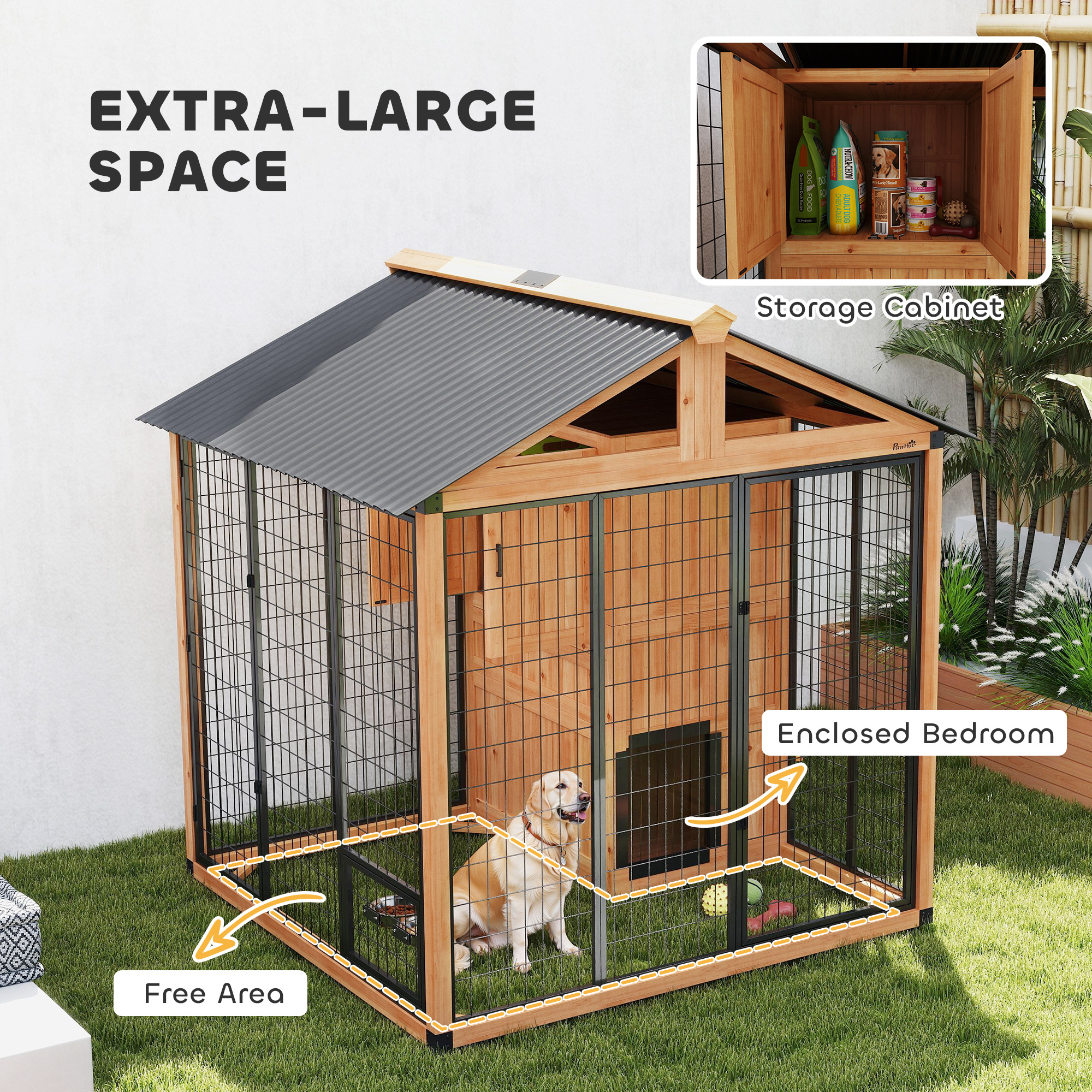 Casa para Perros Extra Grande de 7 x 6, Caseta de Madera para Exterior con Gabinete de Almacenamiento y Tazones de Acero Inoxidable, Amarillo Claro — imagen 5