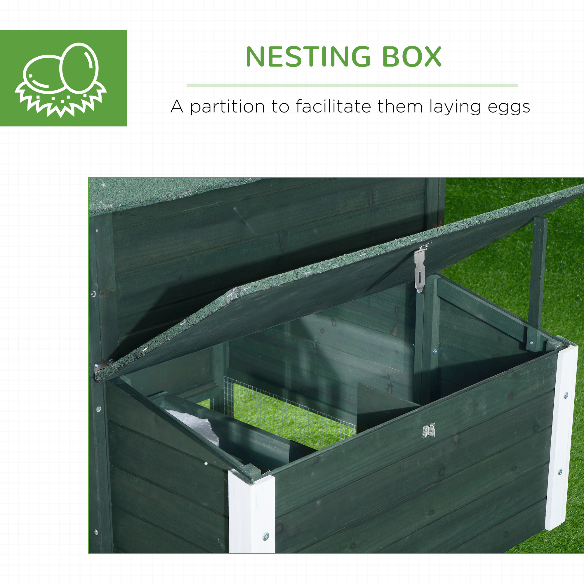 Gallinero de Madera de 84", Casa para Gallinas de Exterior con Corral y Nido, Techo de Asfalto, Bandeja Extraíble, Rampa, Jaula para Aves para 2-3 Gallinas, Verde — imagen 2