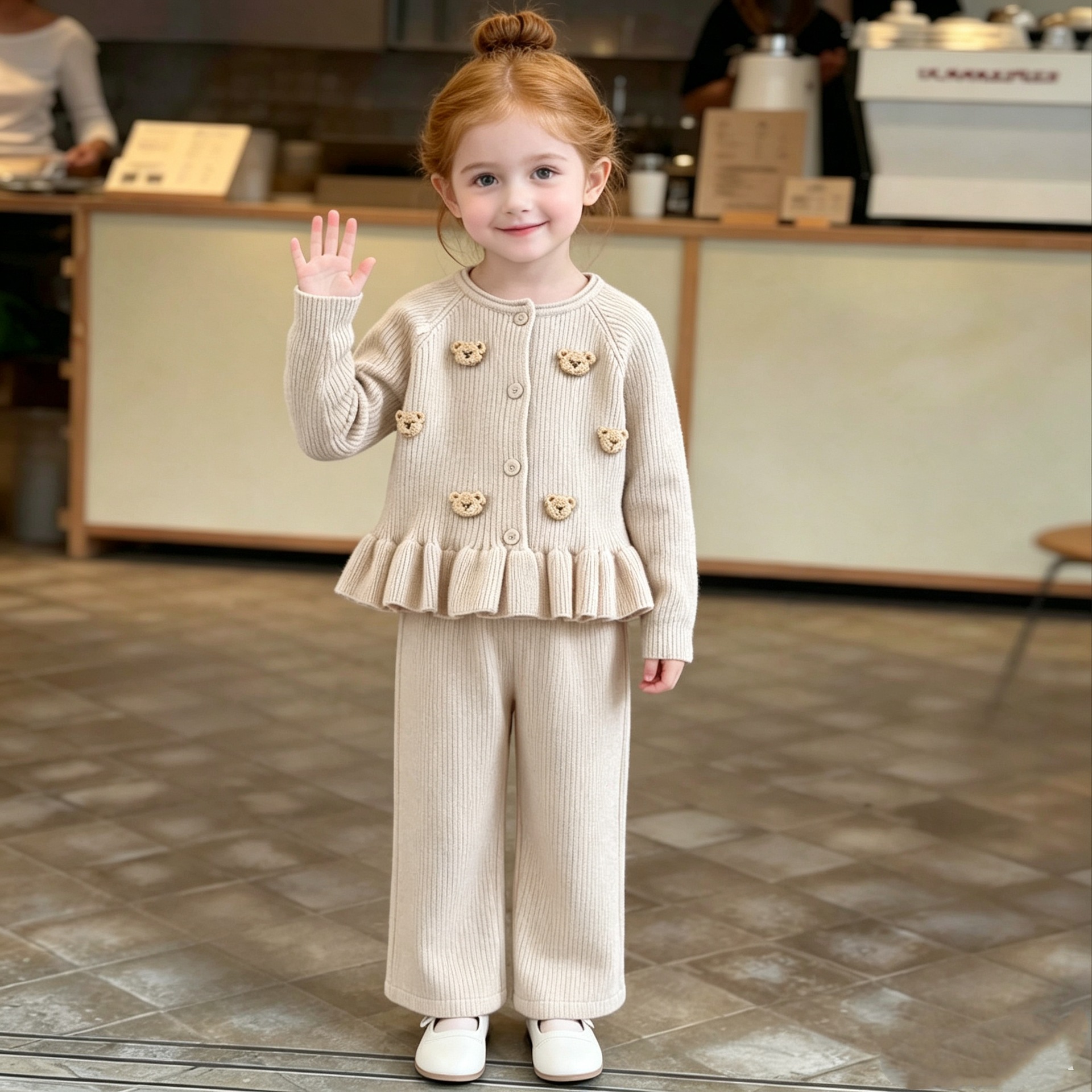 Sweet Bear Print Long Sleeve Sweater Cardigan and Casual Pants Set for Girls — image 2