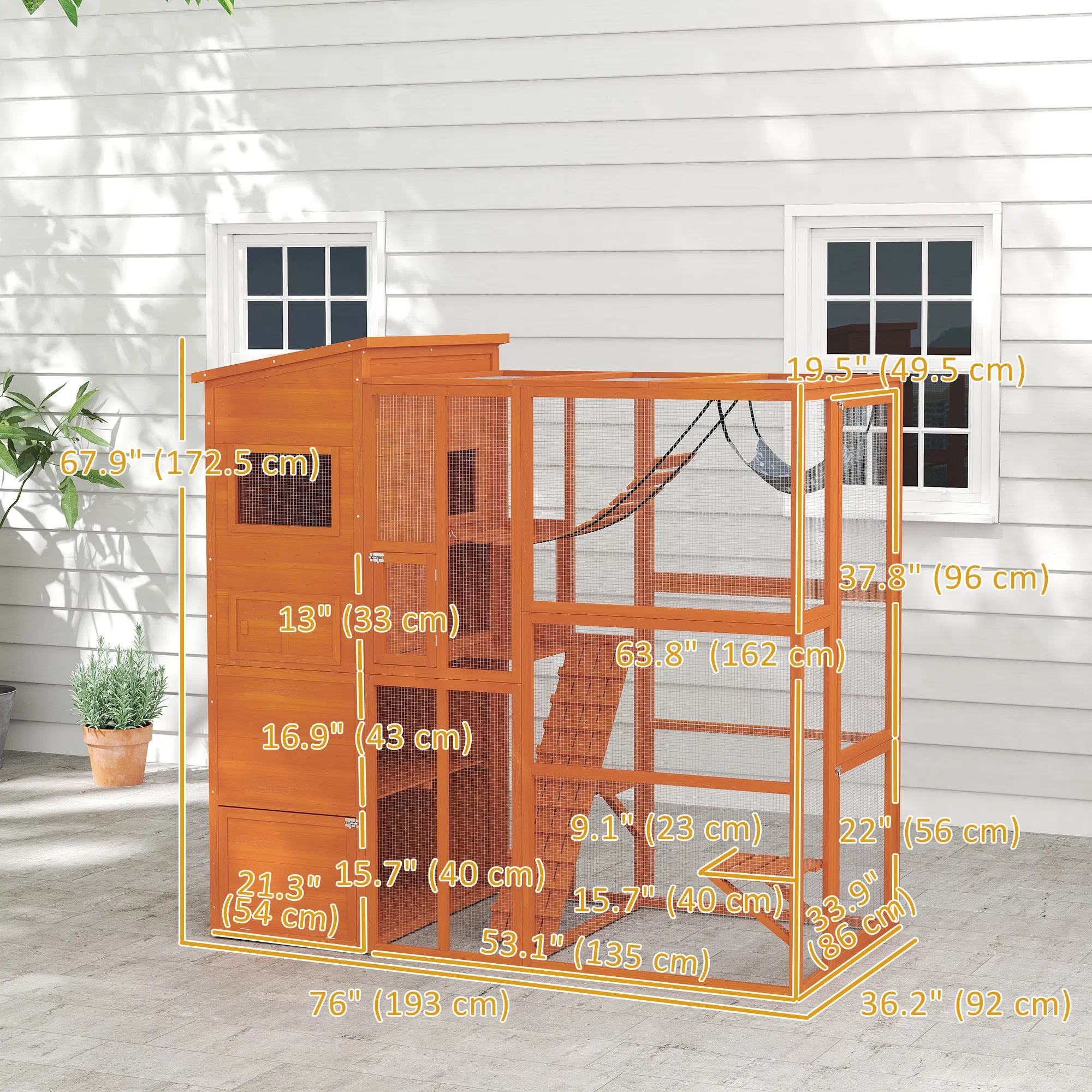 76" Catio Outdoor Cat Enclosure with Cat Condo, Jumping Platforms, Ladder, Ramps, Hammock for 2-3 Indoor Cats, Orange — image 2