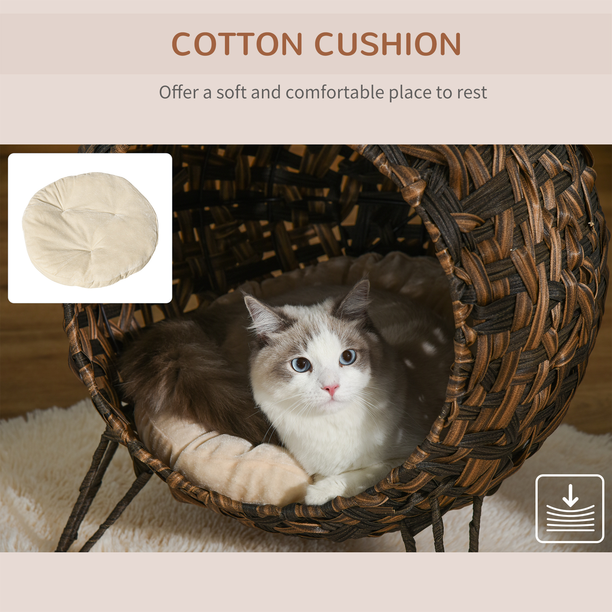 Cama para Gatos Tejida de 20.5", Casa Elevada para Gatitos Tejida a Mano con Hoja de Banano Trenzada, con Cojín, Marrón — imagen 3