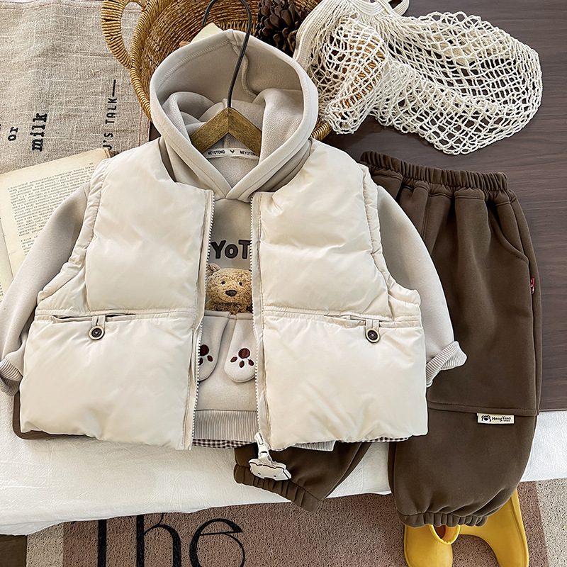Boys Autumn Winter Fleece-Lined Vest Set, Thickened Bear Pendant Three-Piece Kids Outwear — image 7