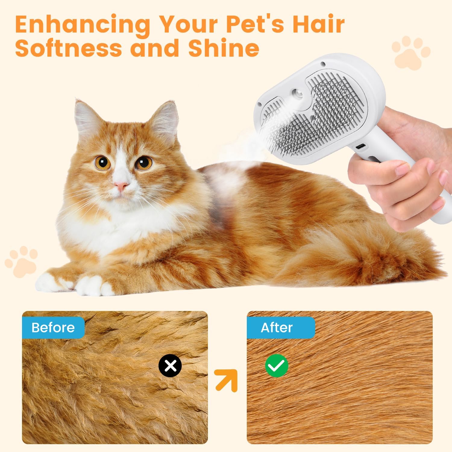 Cepillo de Vapor 3 en 1 para Gatos, Cepillo de Vapor para Mascotas de Pelo Largo y Corto, Peine con Spray para Eliminar Pelo en Animales Pequeños, Cepillo con Rociador de Niebla de Agua y Botón de Liberación — imagen 4