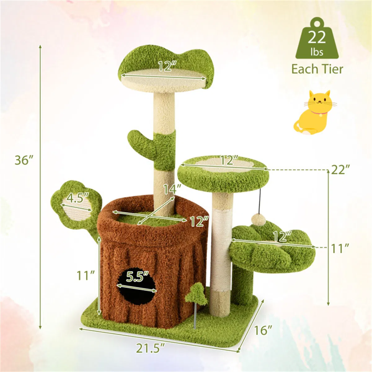 36" Jungle Theme Cat Tree - Washable Peach Skin, Sisal Scratching Post & Interactive Toys — image 5