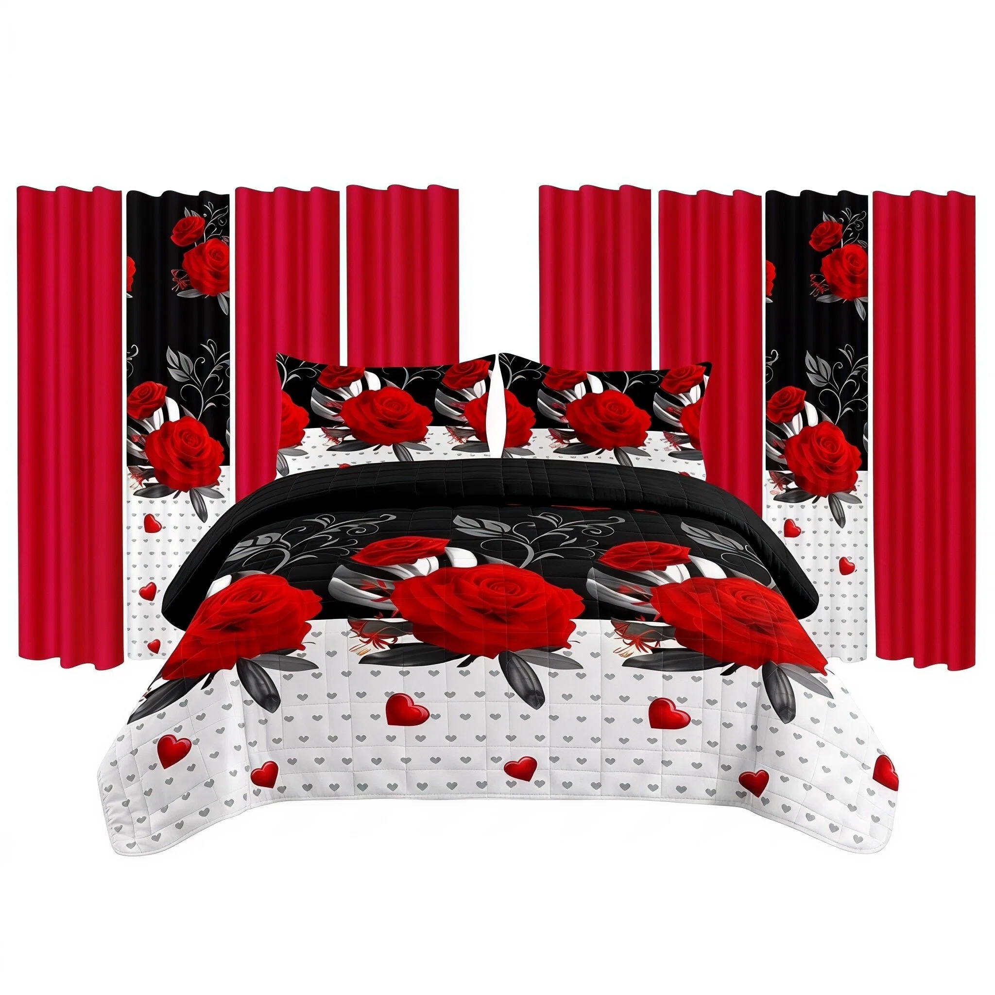 9 Piece Room In A Bag Quilt And Curtain Set, US Designer Romantic Red Rose Print Heavyweight Bedspread With 6 Customizable Window Panels, Pet-Friendly High GSM Coverlet — image 1