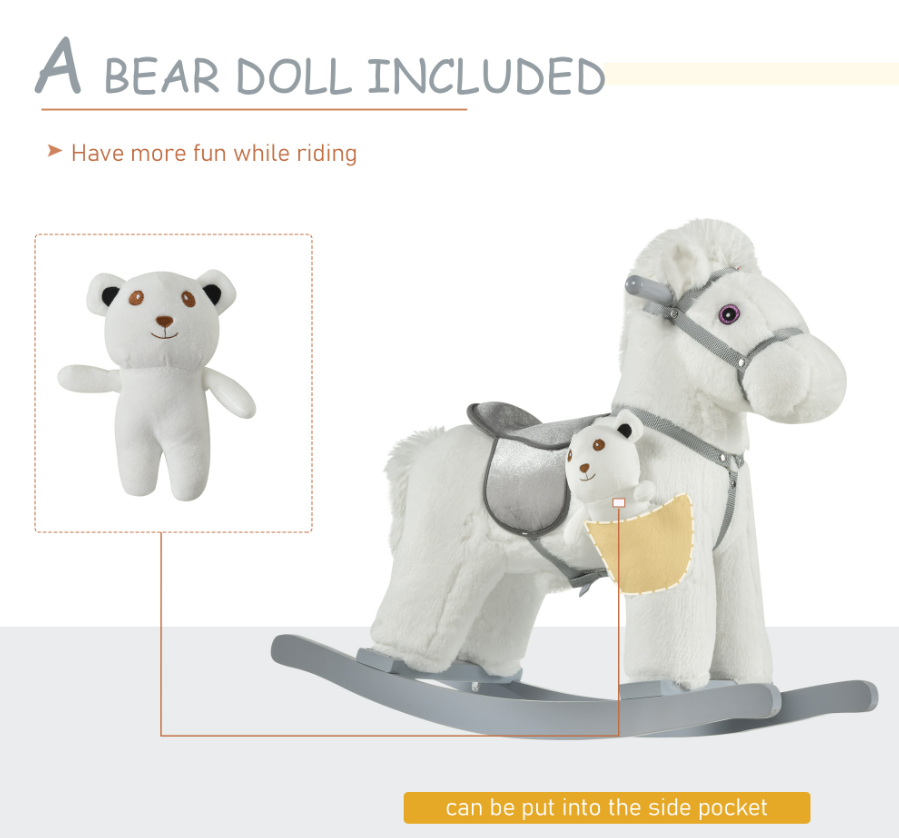 White Plush Rocking Horse With Bear Toy For Kids, Soft Sound Rocker, Ideal For Nursery Playtime — image 7