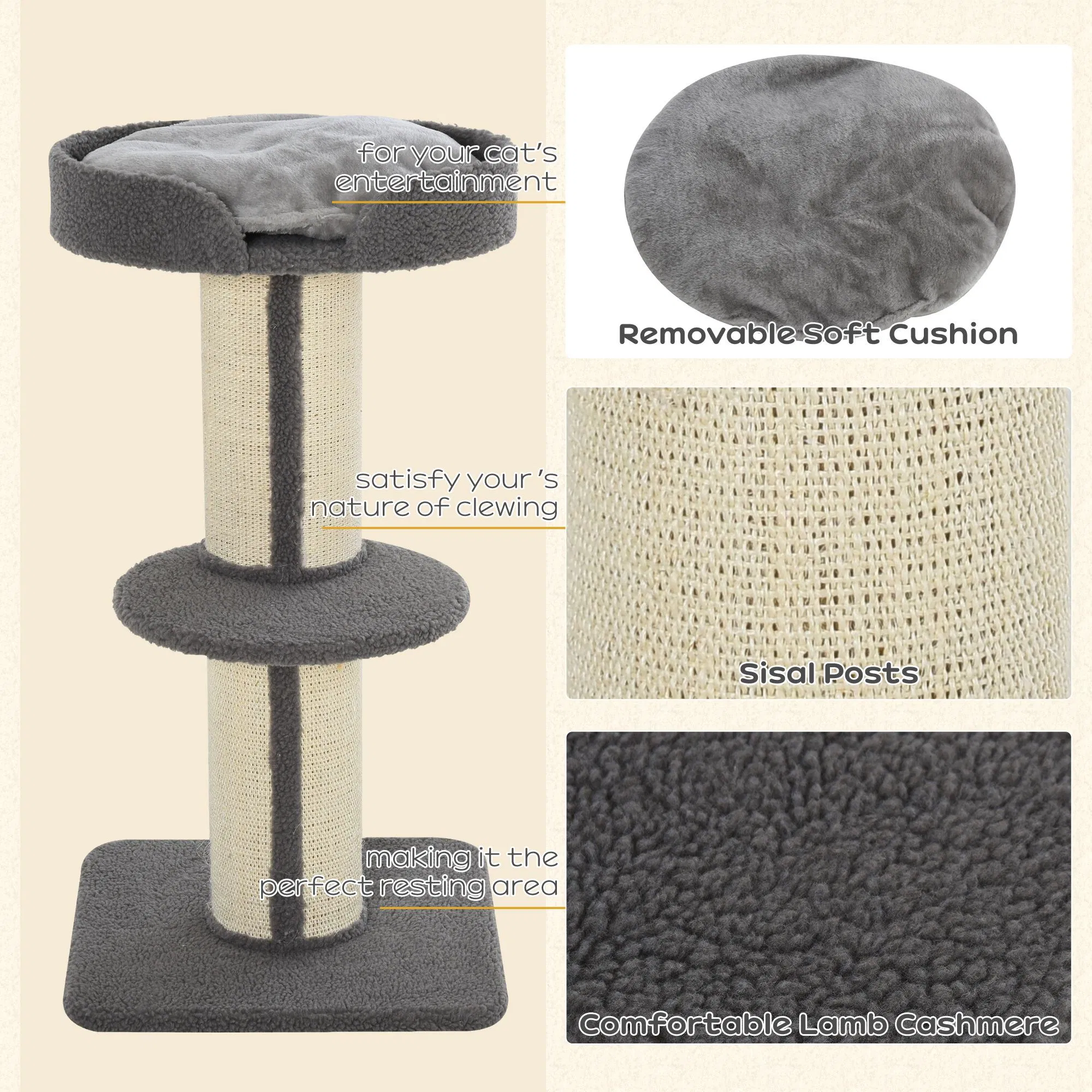 Cat Tree Kitty Tower with Sisal Mat Scratching Post, Cat Bed, Cushion, Perch, 18" x 18" x 36", Grey — image 2