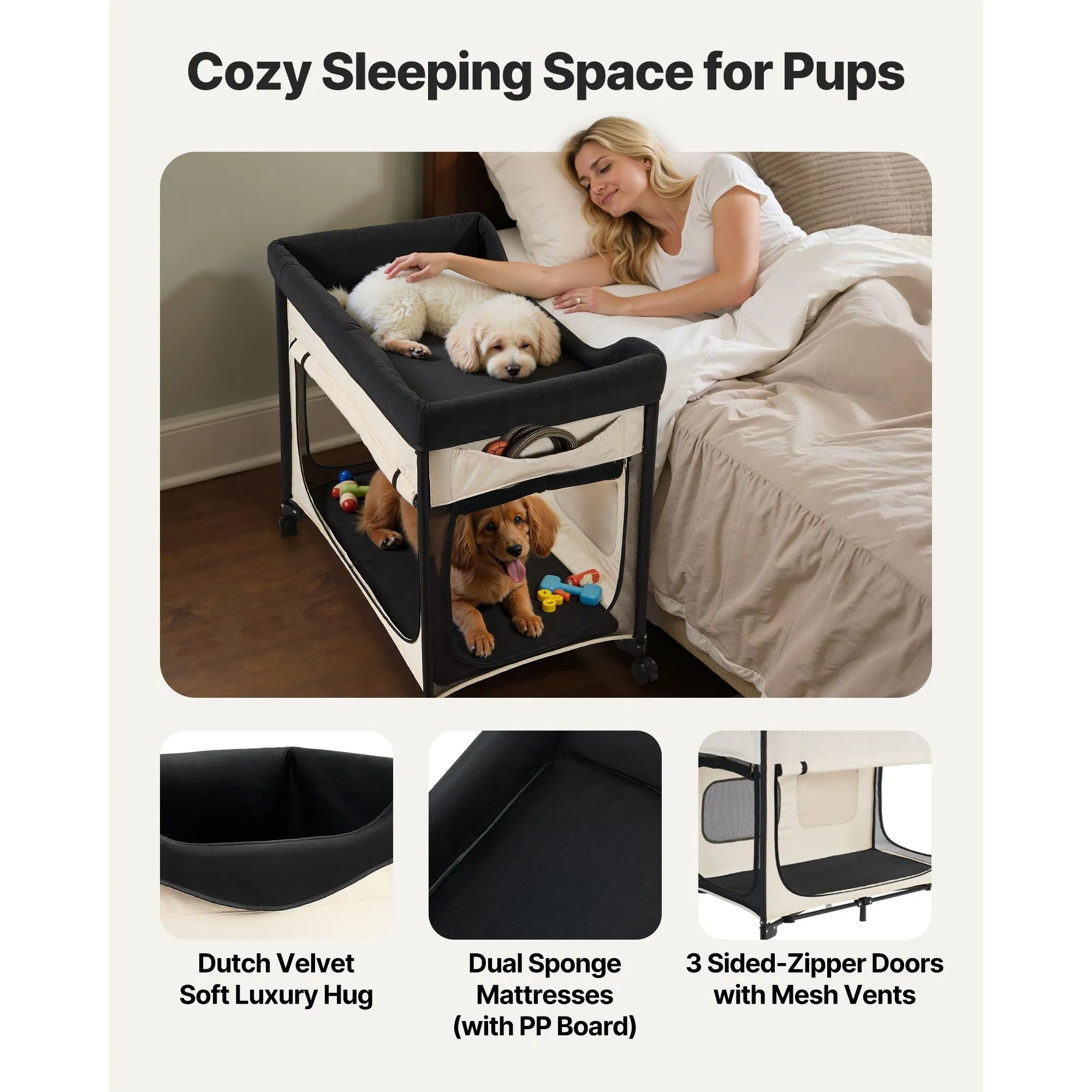 Cama de Descanso Elevada para Perros XL, Cama Portátil con Ruedas para Grandes Perros y Gatos, 600D Tela de Lino Oxford y Alfombrilla de Veludo Holandés con Muelles de Espuma, Almacenamiento Lateral para Accesorios — imagen 8