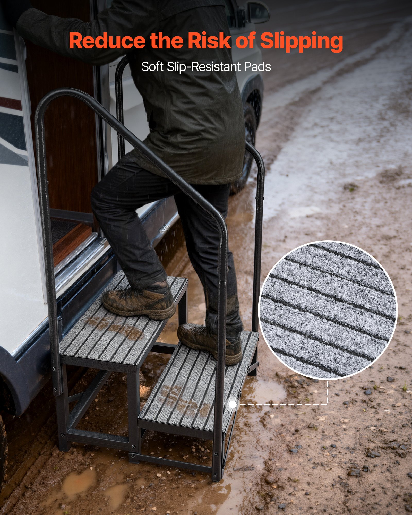 RV Steps With Dual Handrails, 2 Steps, 660 Lbs Load Capacity, Heavy Duty Outdoor RV Stairs With Non-Slip Mat For Elderly/Pets, Portable Stairs For Hot Tub, Camper, Mobile Home, Porch, Pool, SPA — image 4
