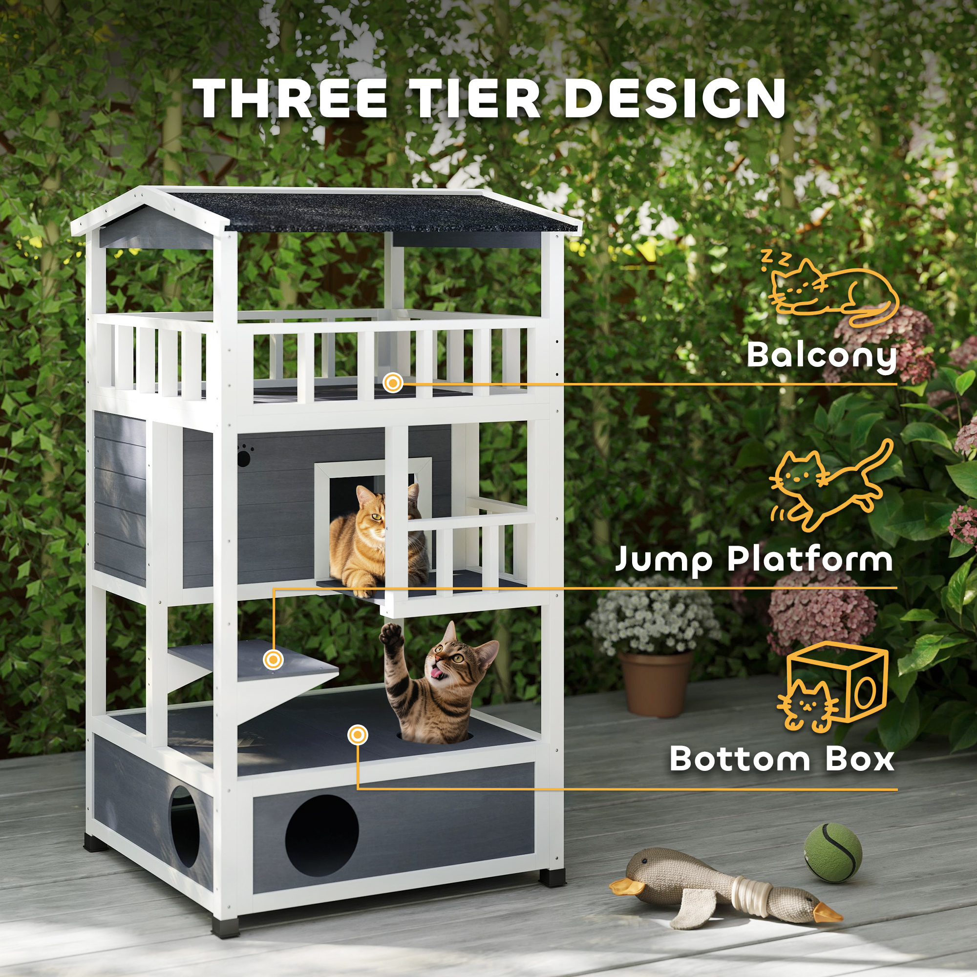 Wooden Outdoor Cat House, Feral Cat Shelter Kitten Condo with Asphalt Roof, Escape Doors, Condo, Jumping Platform, Gray — imagen 6