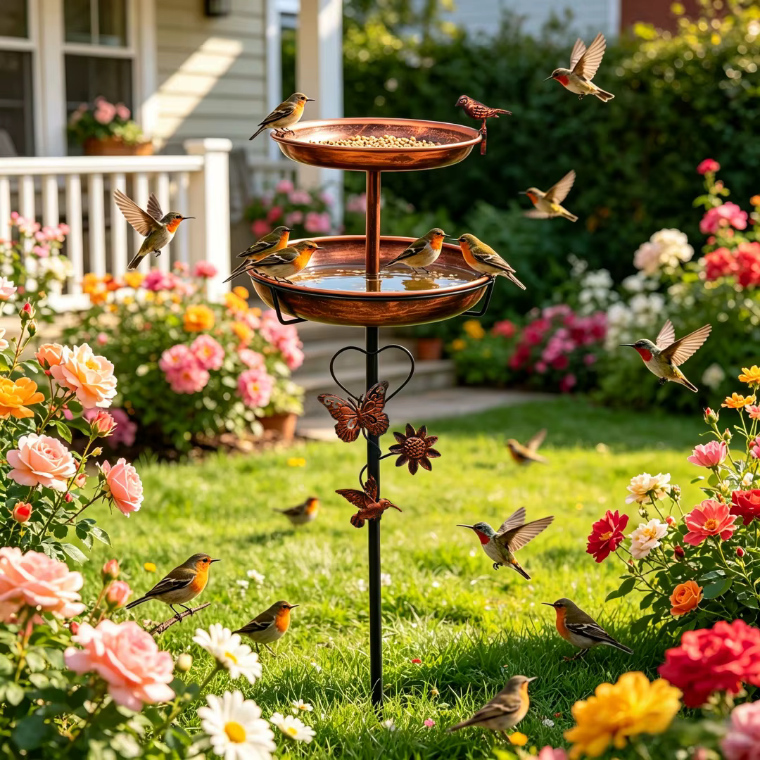 Outdoor Double-Layer Bird Feeder Birdbaths Bowl Freestanding Bird Bath Stand for Garden Yard Patio Decor with 5-Pronged Base — image 3