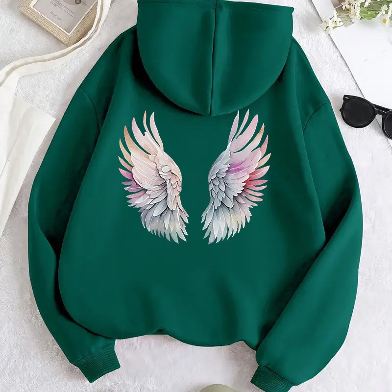 Women's Fleece-Lined Hoodie with Wings Print, Kangaroo Pocket, Drawstring, and Graphic Design — image 13
