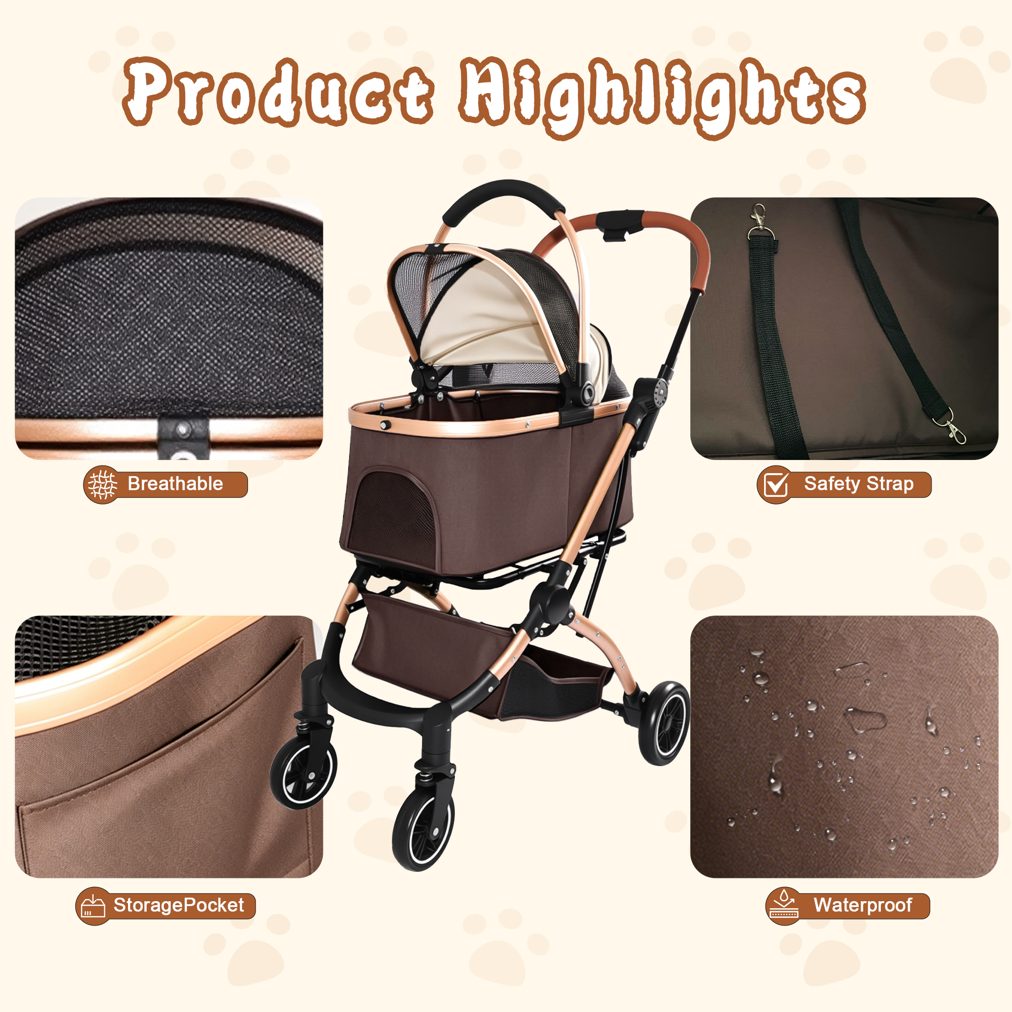 Muleta para Mascotas 2 en 1: Carruaje de 4 Ruedas Reversible con Canasta de Almacenamiento y Sombrilla Solar (Khaki + Oro) — imagen 2