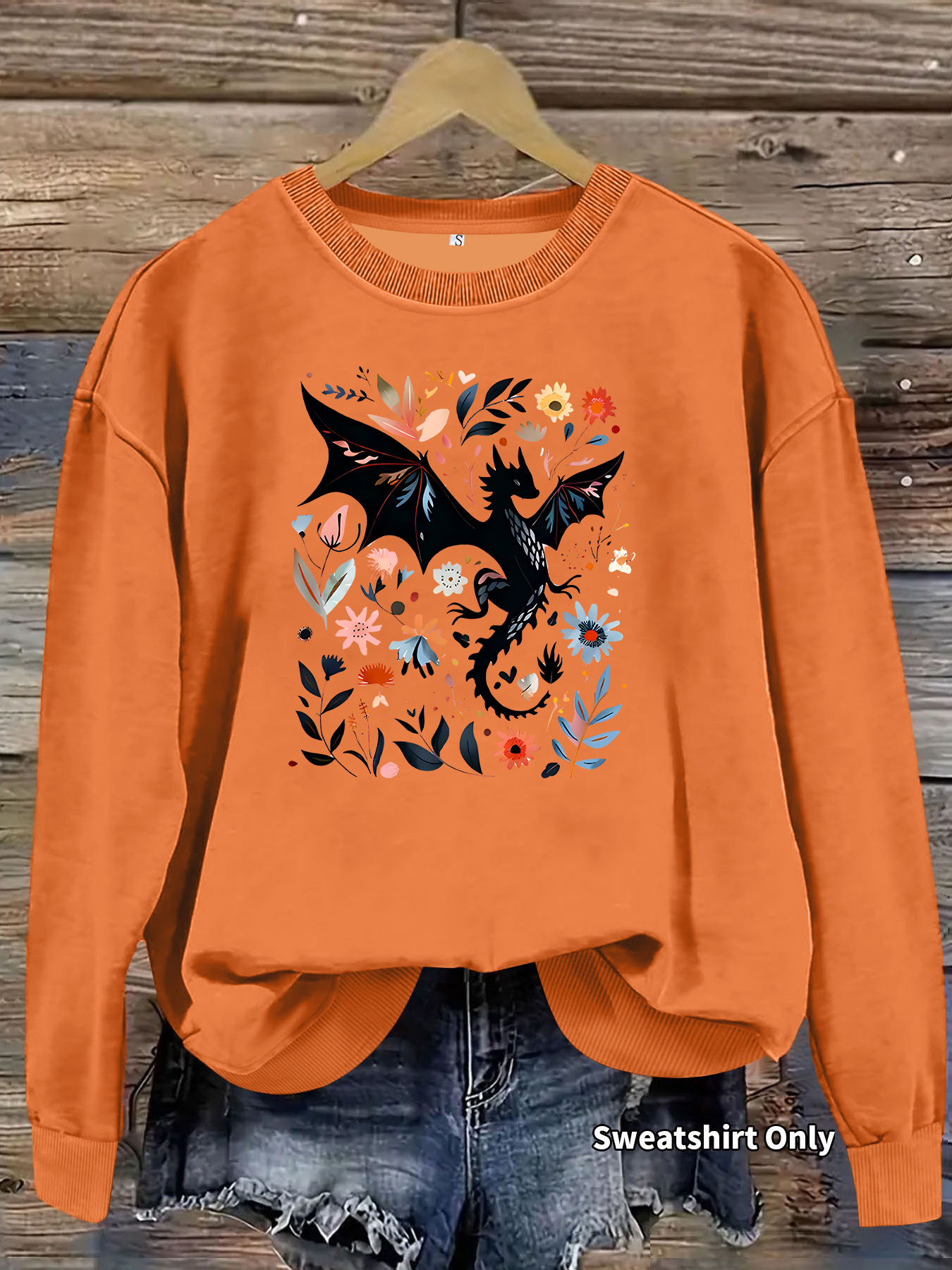 Dragon pattern and floral print round neck fleece hoodie — image 11