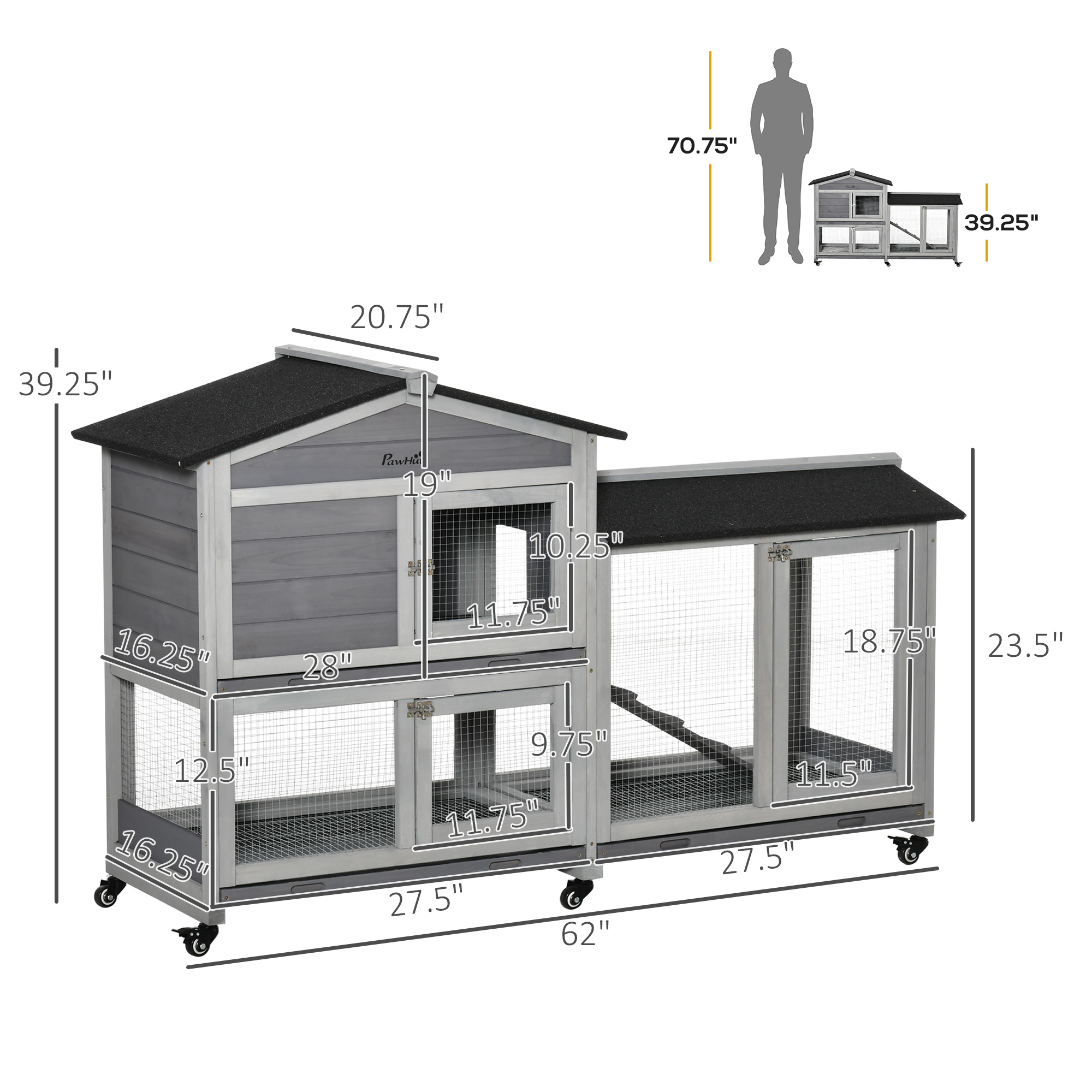 Habitación móvil de madera para conejos de 62" con ruedas, caja de carrera y bandeja deslizante — imagen 4